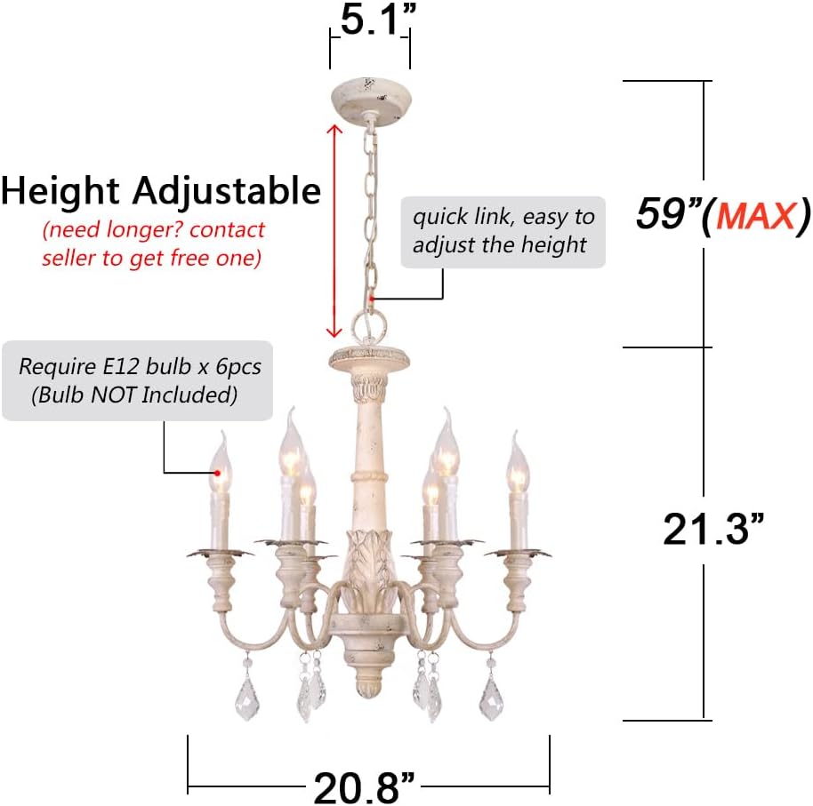 French Country Candle-Style Chandelier White Distressed Wood Pendant Lighting W20.8''