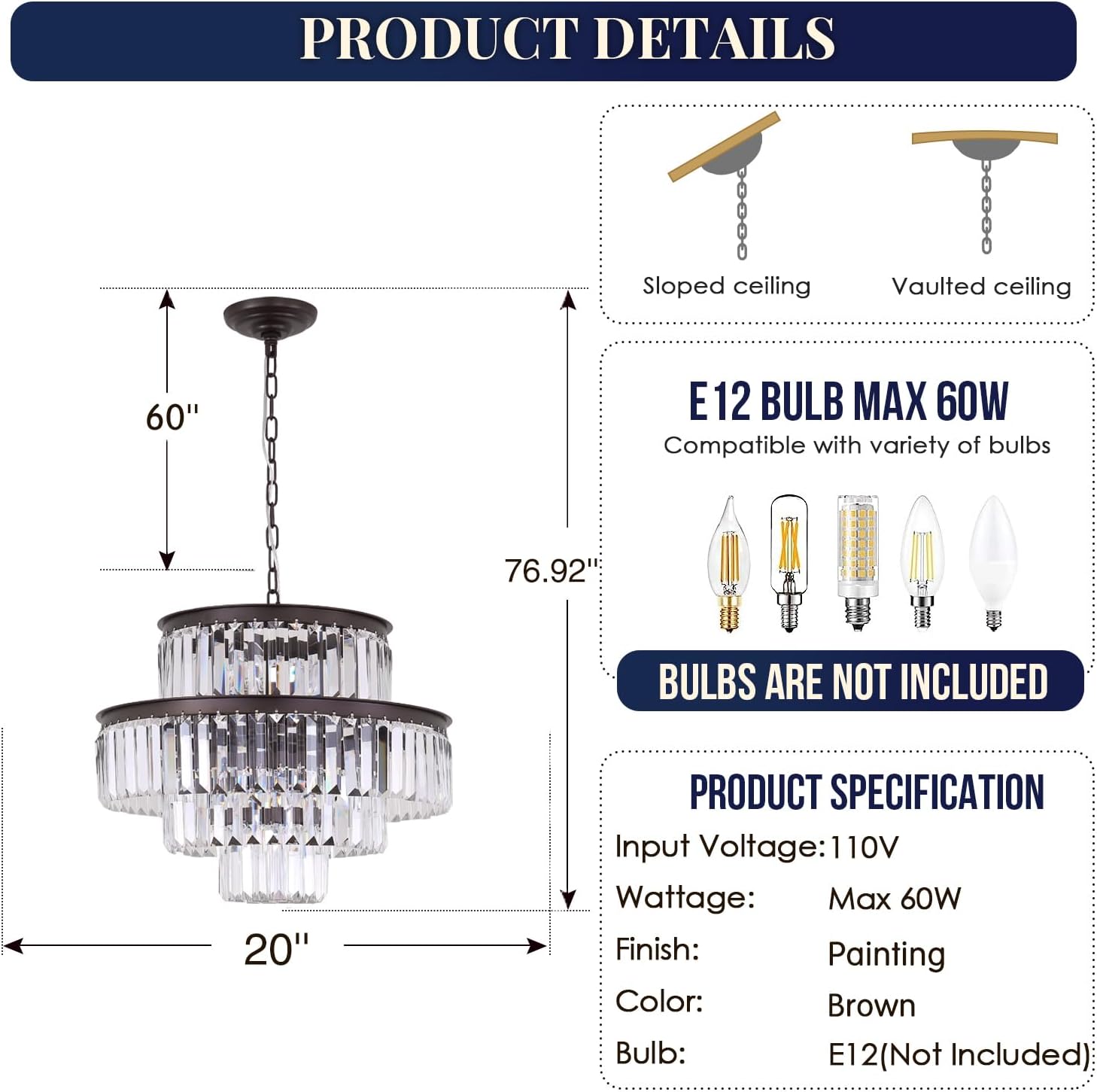 Meerosee Modern Crystal Chandeliers Black Round Pendant Ceiling Lamp