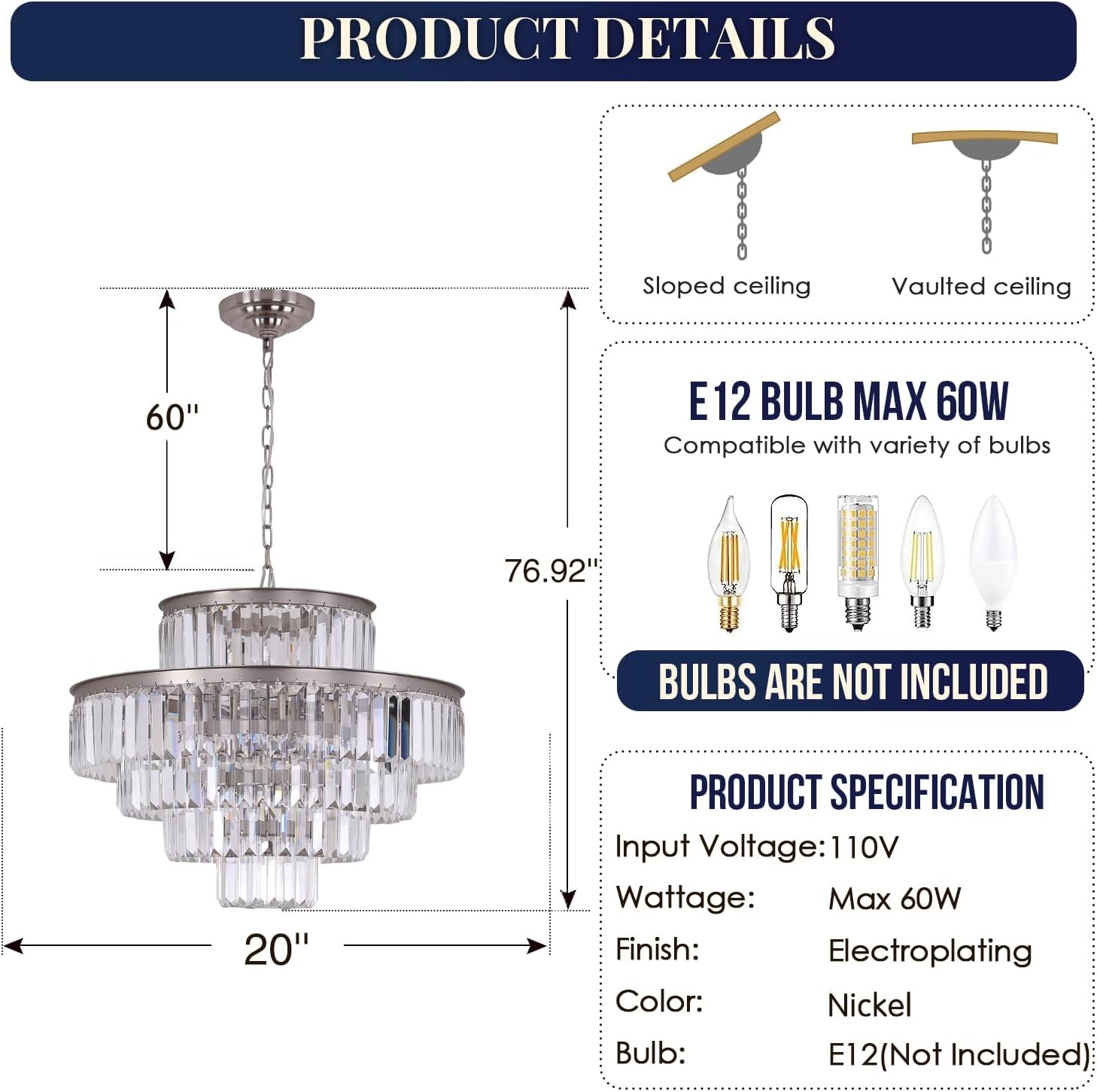 Meerosee Modern Crystal Chandeliers Nickel Pendant Ceiling Chandelier Lighting Fixture