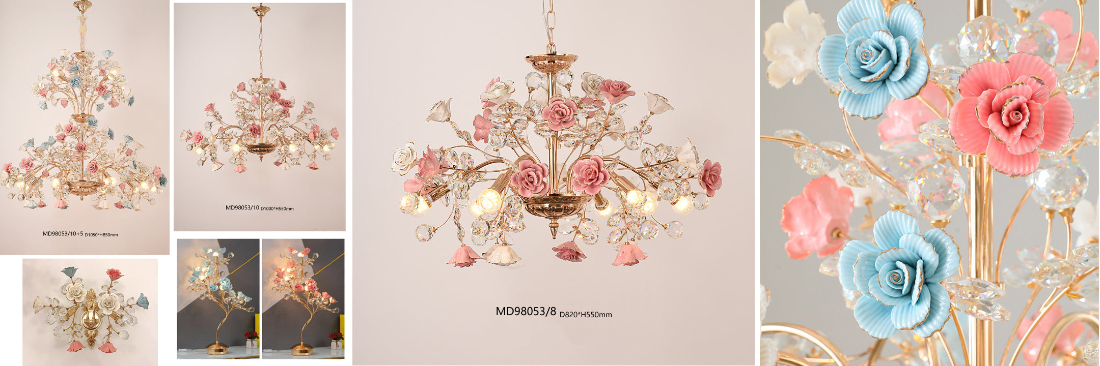 MEEROSEE French Ceramic Flower Chandelier Modern European Crystal Luxurious Crystal Light MD98053-L8