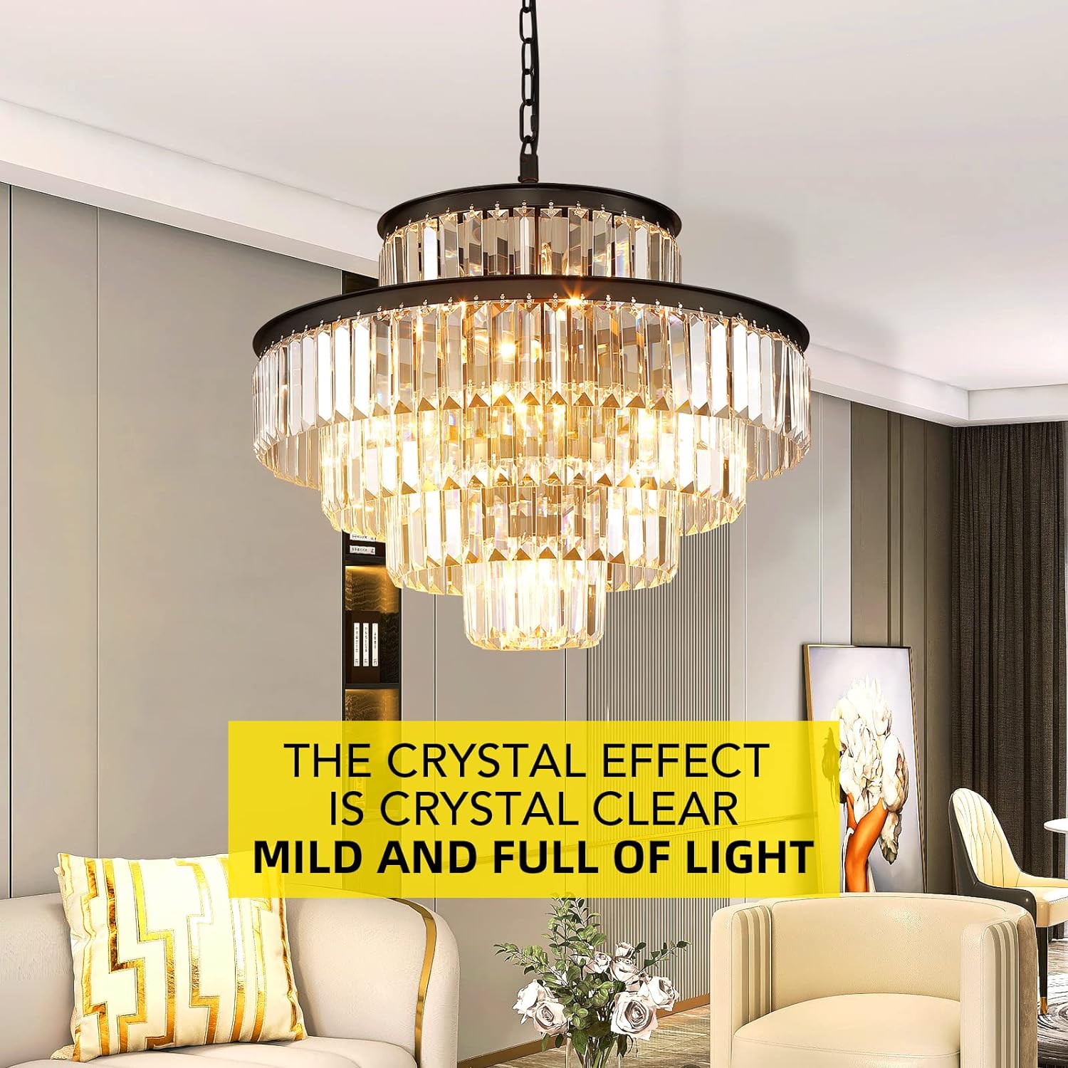 Meerosee Modern Crystal Chandeliers Black Round Pendant Ceiling Lamp