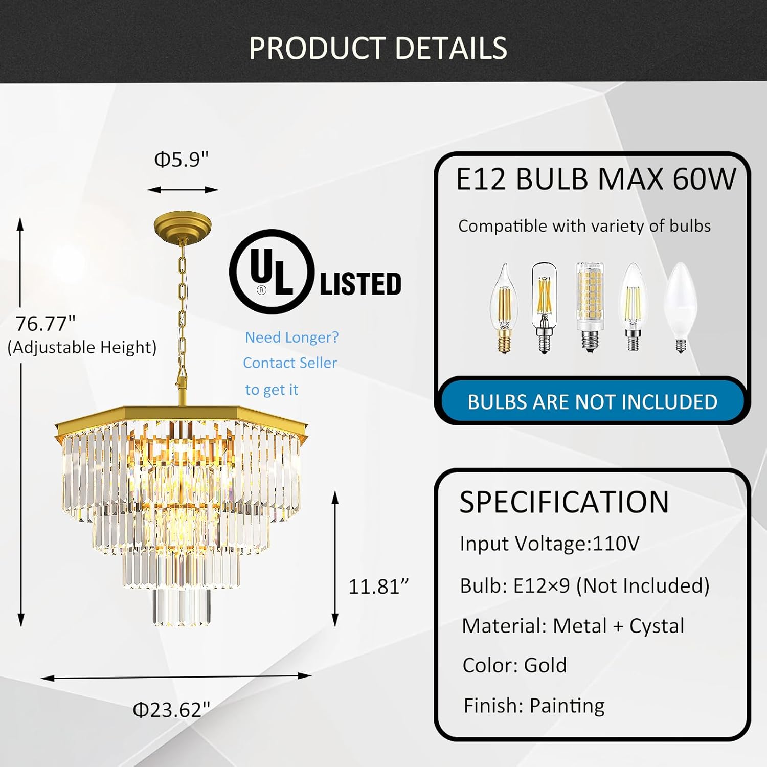 Meerosee Modern Crystal Pendant Lamp Gold K9 Pendant Lamp 23.6/31.5/39.4 inch