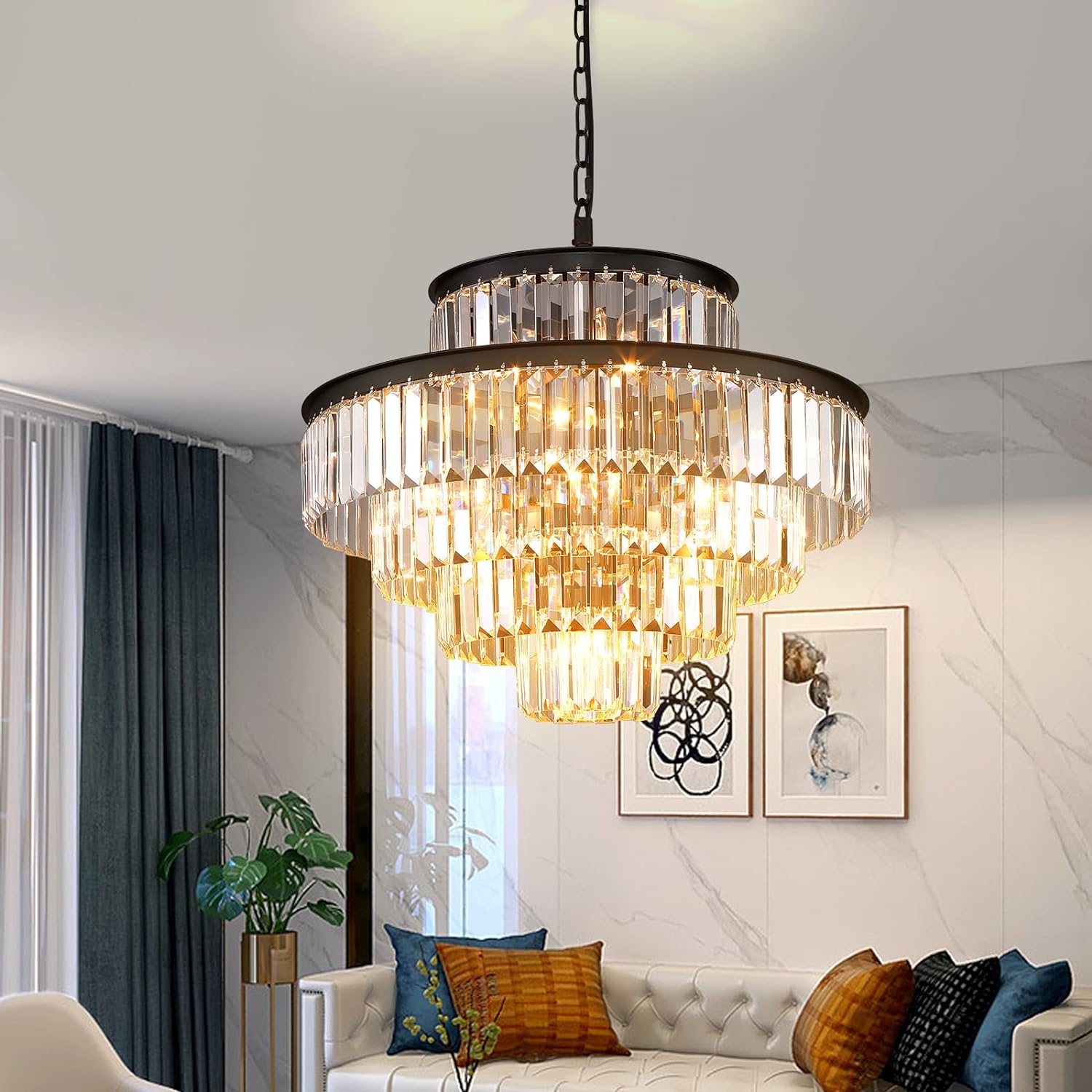 Meerosee Modern Crystal Chandeliers Black Round Pendant Ceiling Lamp