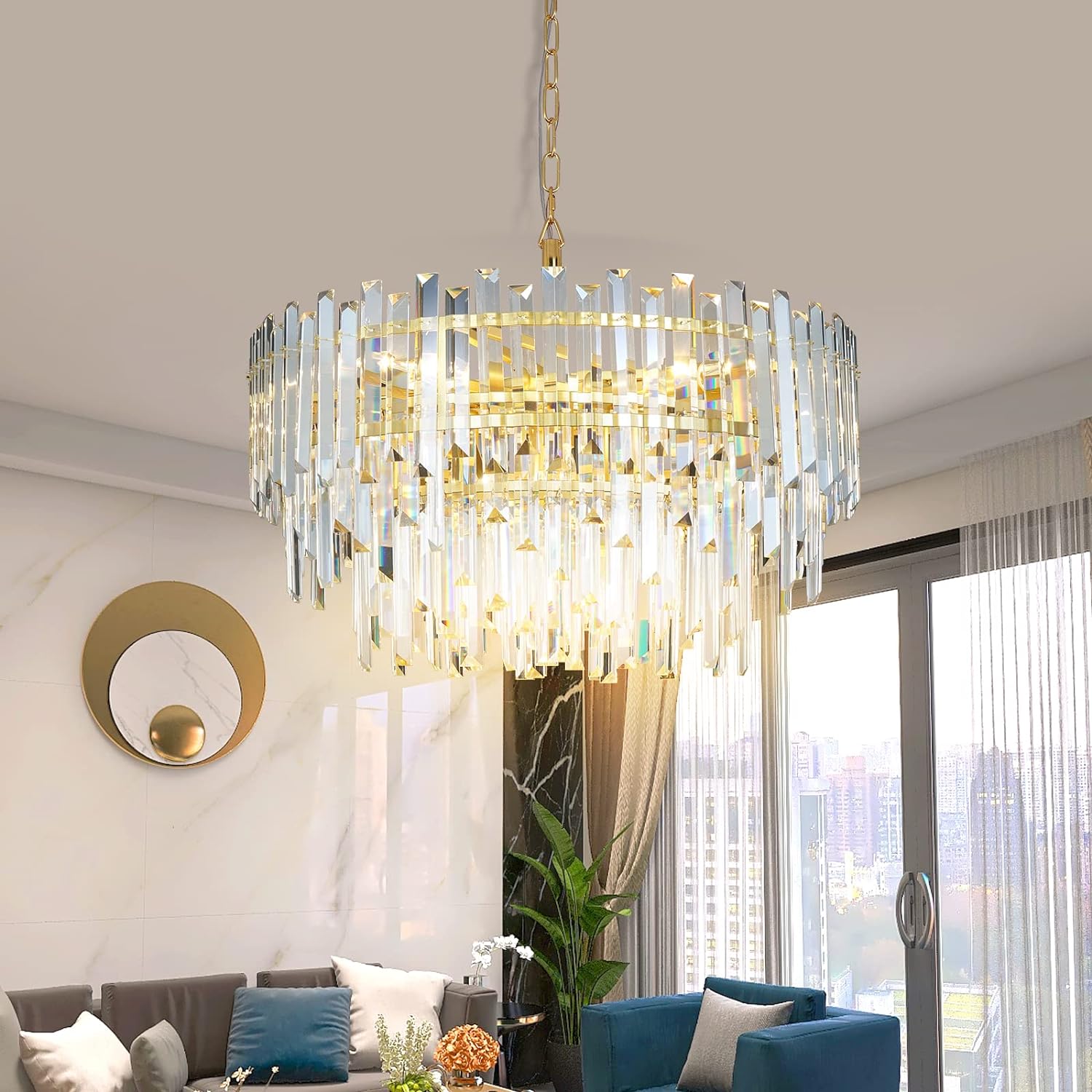 Meerosee Gold Copper Crystal Chandelier Lighting Foyer Entryway Ceiling Hanging Pendant Lamp