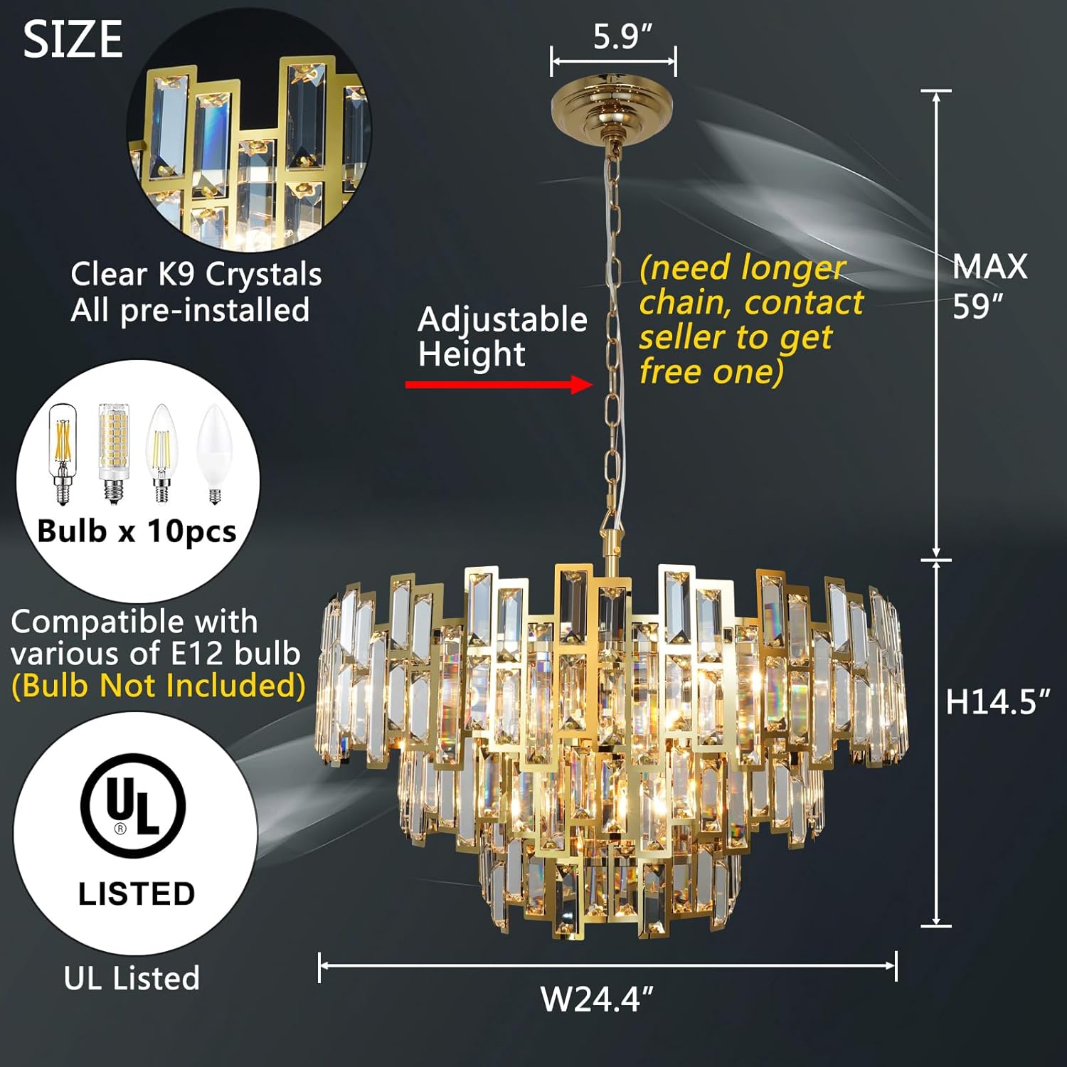 Crystal Chandelier Plated Gold Modern Round Pendant Ceiling Light 3/4 Tier