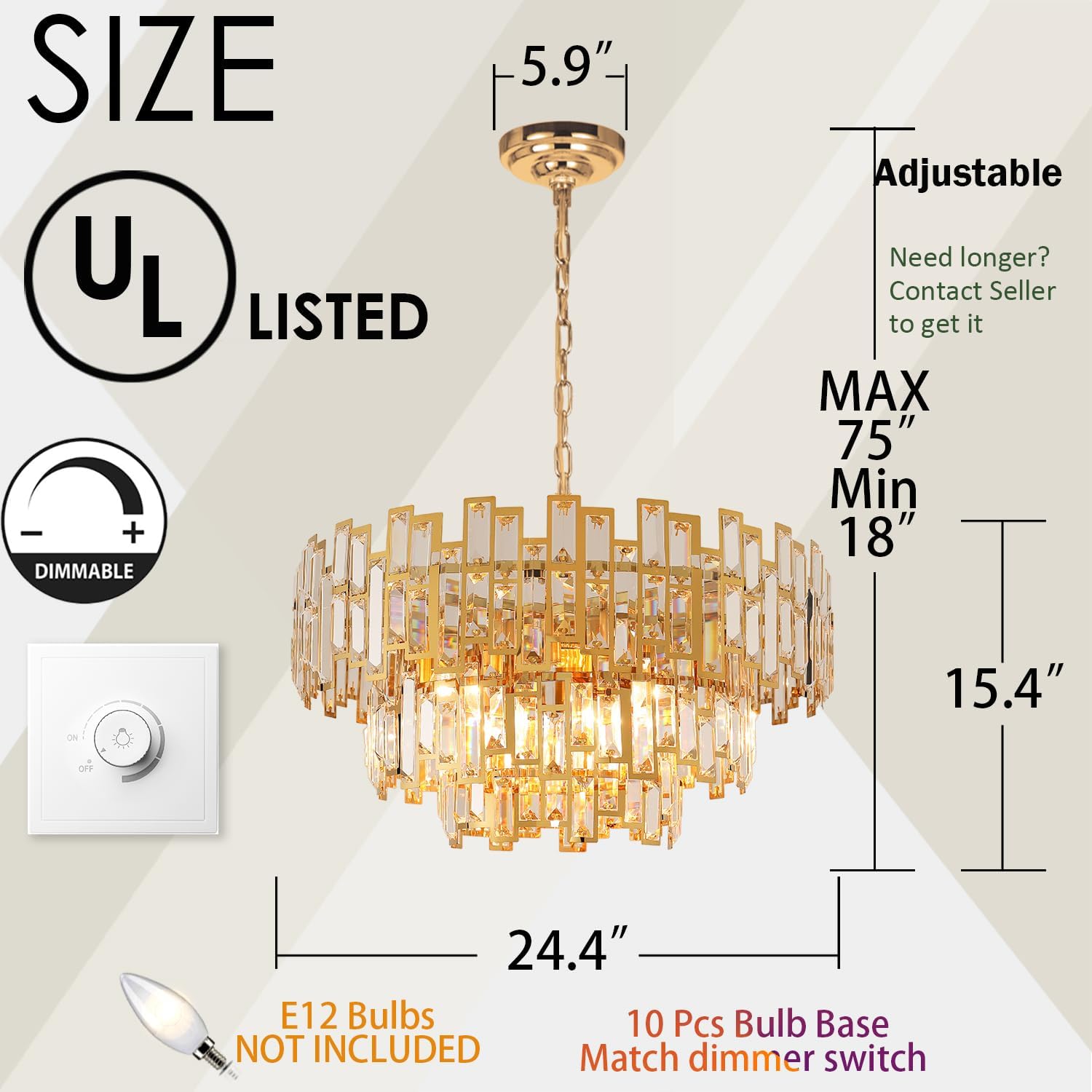 Gold Crystal Chandelier Lighting Modern Ceiling Hanging Pendant Lamp D17.7/24.4/38.5''