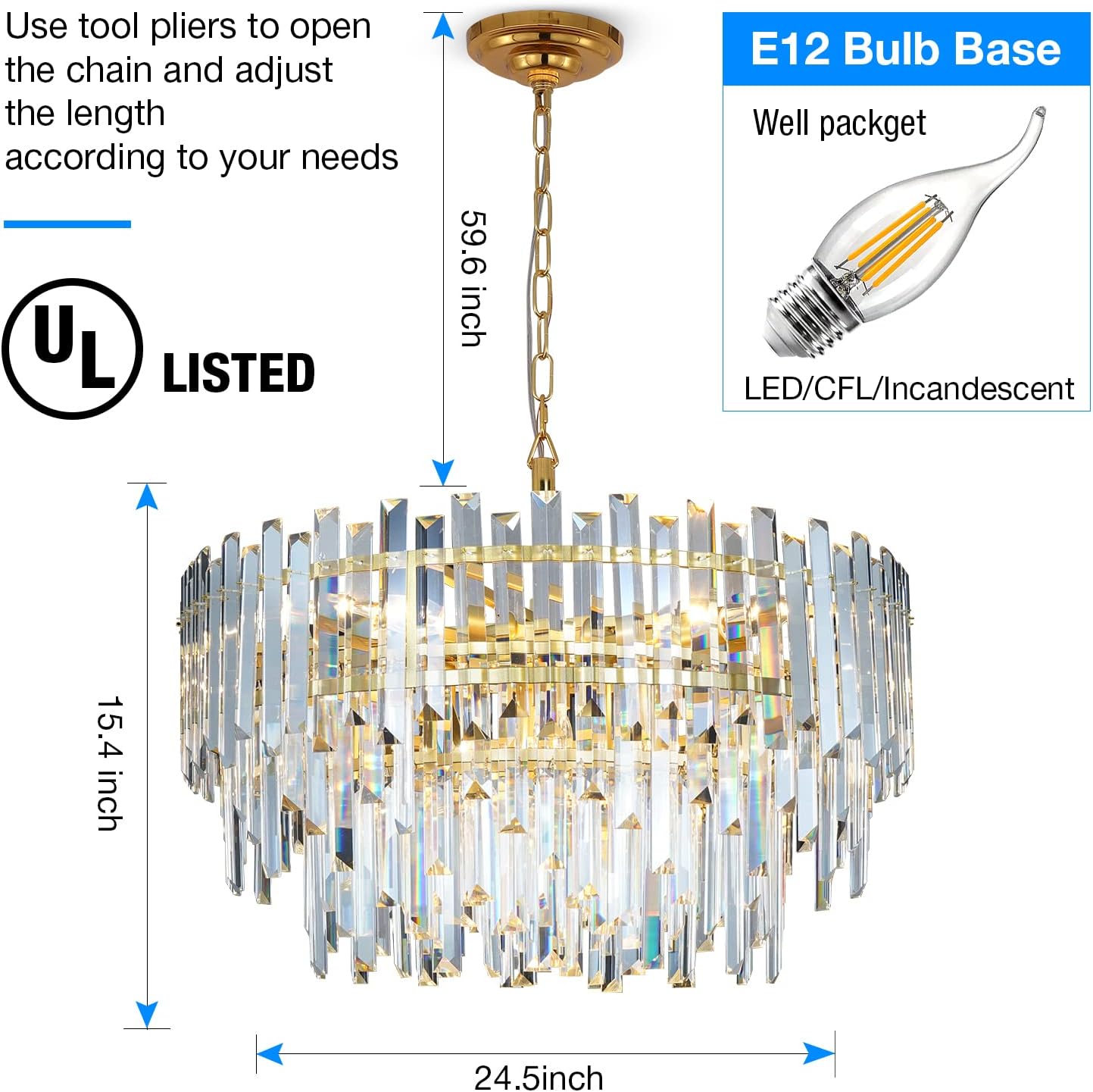 Meerosee Gold Copper Crystal Chandelier Lighting Foyer Entryway Ceiling Hanging Pendant Lamp