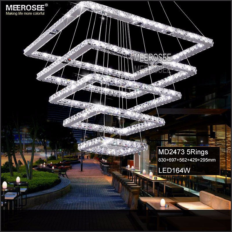 Meerosee Modern Square Crystal Pendant Lamp Fixture Rectangle LED Chandelier Light