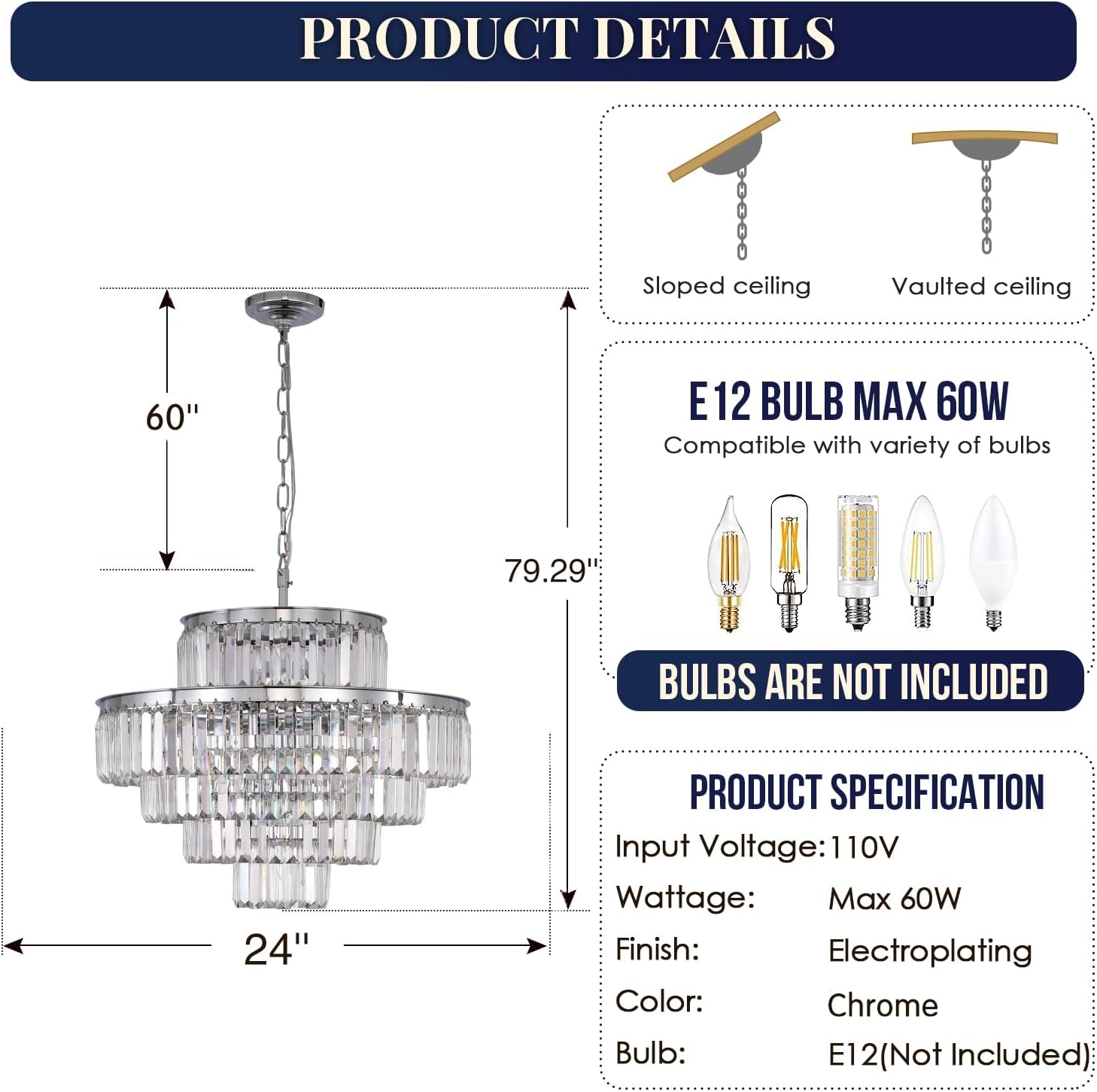 Meerosee Crystal Chandeliers Modern Style Chrome Round Ceiling Pendant Light