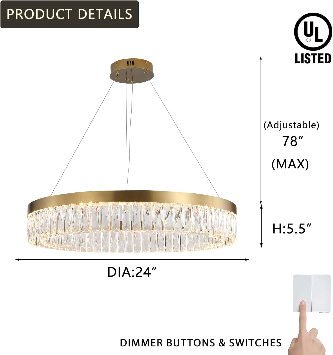 Meerosee Gold Chandelier Modern 1 Rind LED Crystal Pendant Lighting Dimmable Light