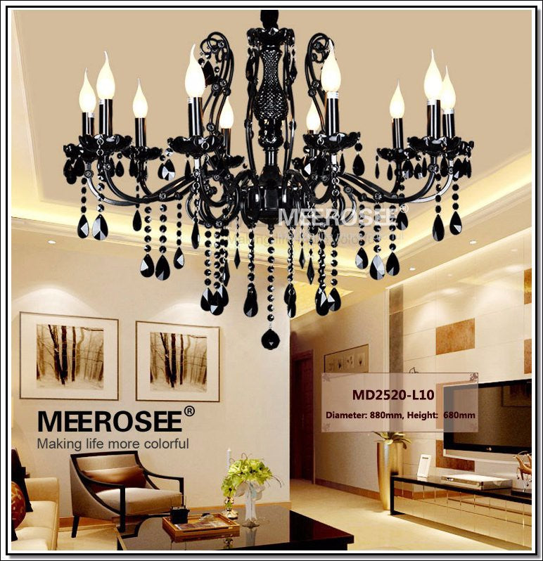 Meerosee Modern Crystal Chandelier Light Fixture Black Wrought Iron Pendant Lamp