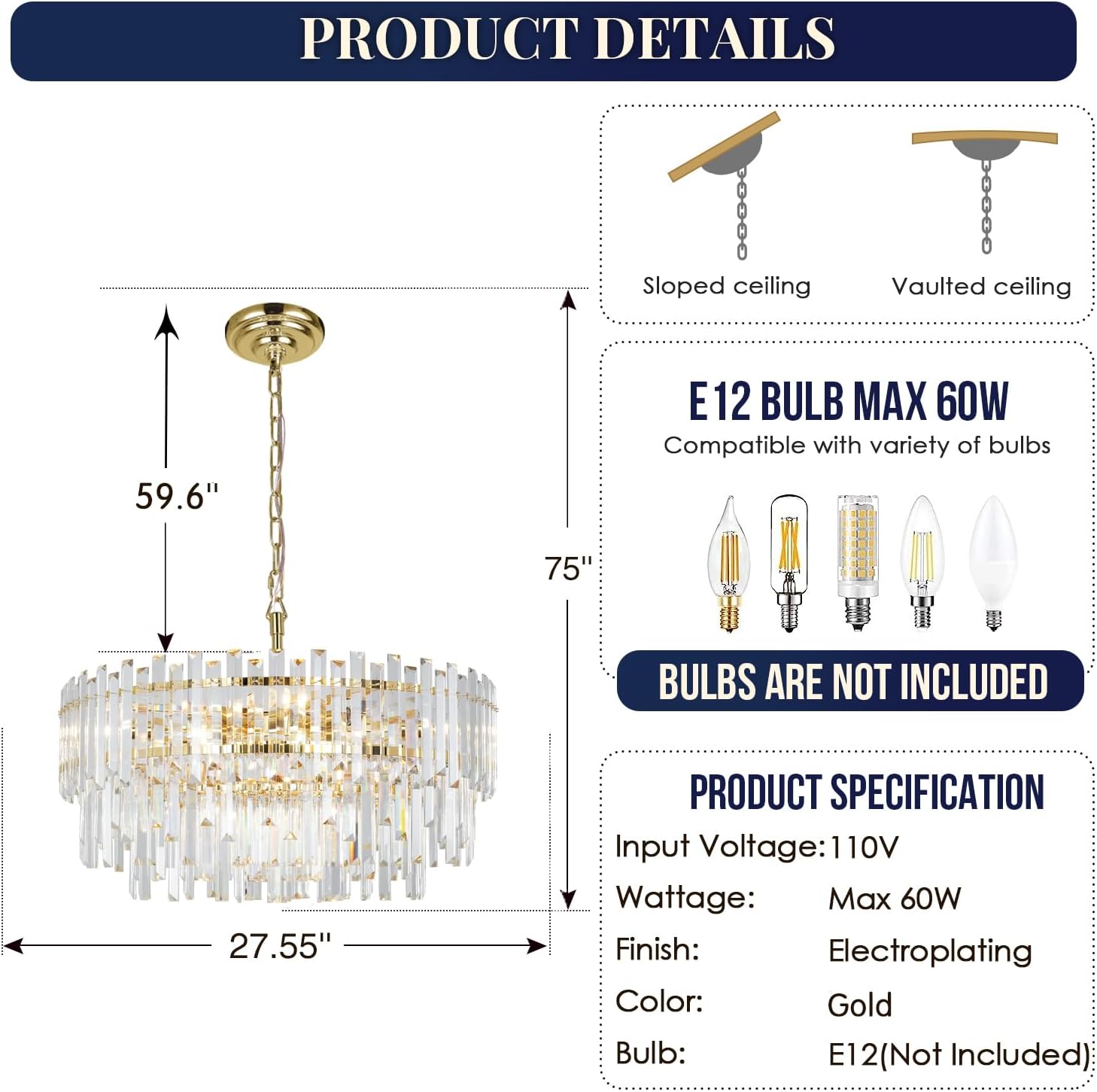 Meerosee Gold Copper Crystal Chandelier Lighting Foyer Entryway Ceiling Hanging Pendant Lamp