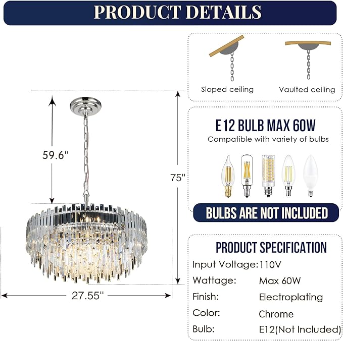 Meerosee Chrome Crystal Chandelier Lighting for Dining Rooms Bedroom Foyer