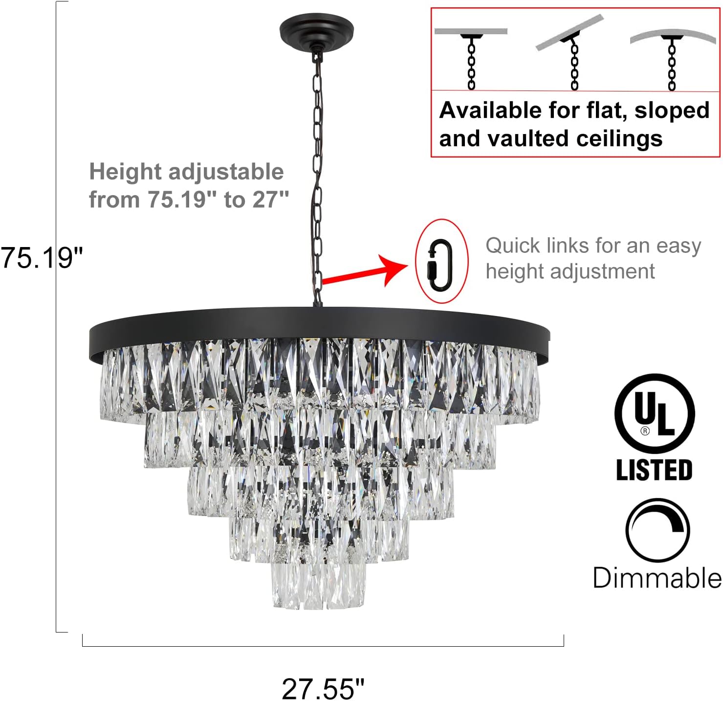 Black Modern Chandeliers Lighting Pendant Ceiling Light Fixture W19.68''/W27.56''