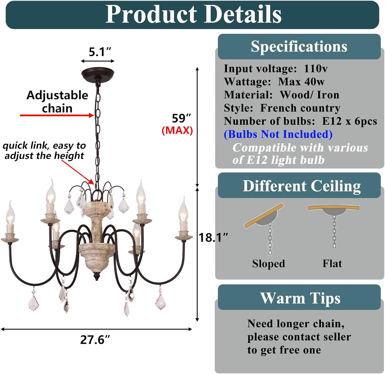 Retro French Chandelier White Distressed Wood Rust Metal Arms Candle Pendant Lamp W27.6''