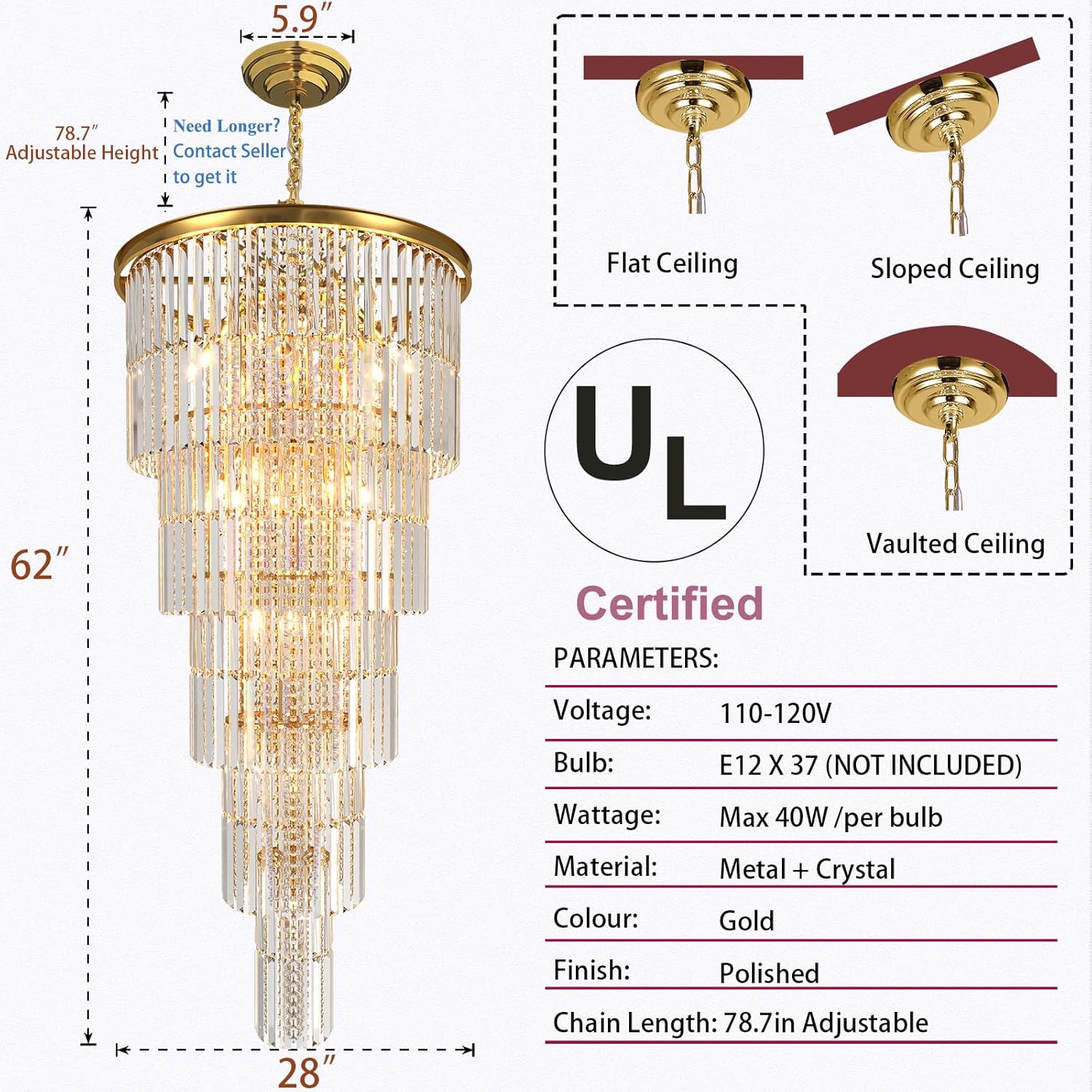 Modern Luxury Crystal Chandelier Light Gold/Chrome Pendant Lamp for Foyer Entrance Hallway