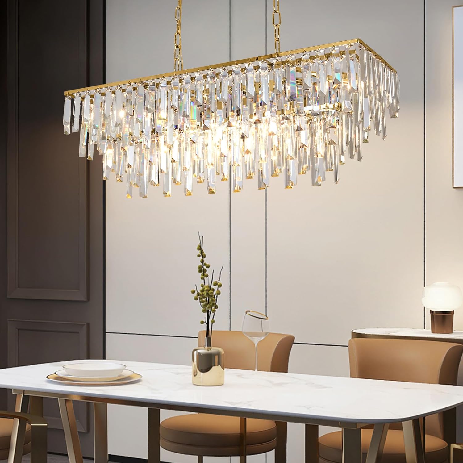 Meerosee contemporary Gold K9 Crystal Chandelier Modern Rectangular Pendant Light