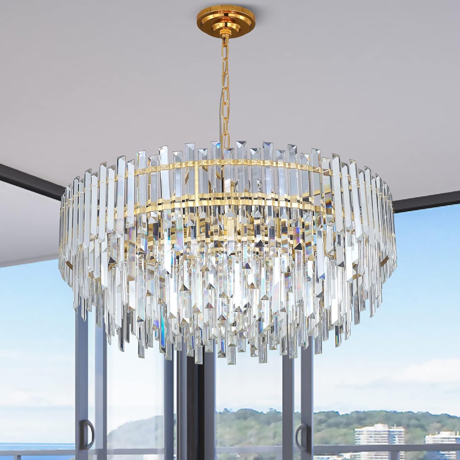 Meerosee Gold Copper Crystal Chandelier Lighting Foyer Entryway Ceiling Hanging Pendant Lamp