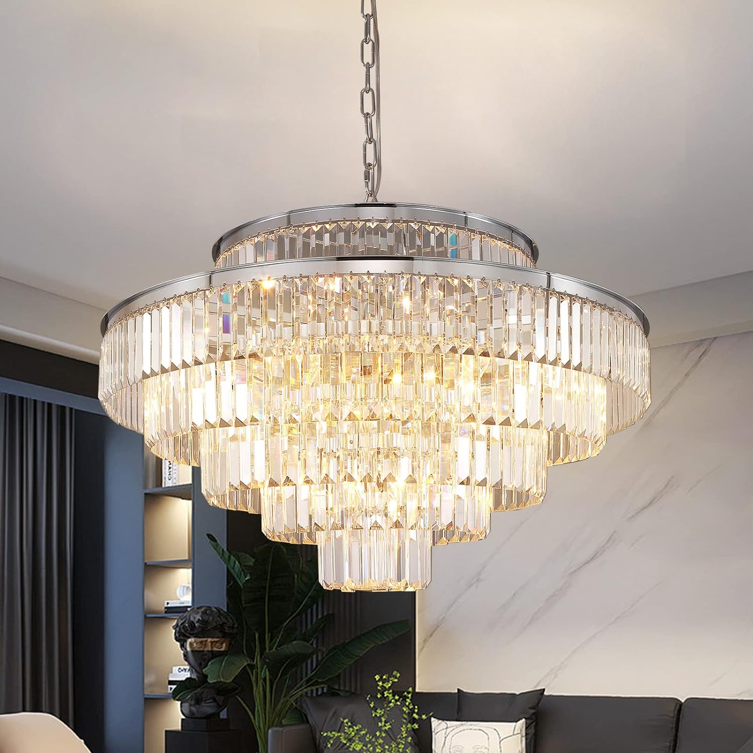 Meerosee Crystal Chandeliers Modern Style Chrome Round Ceiling Pendant Light