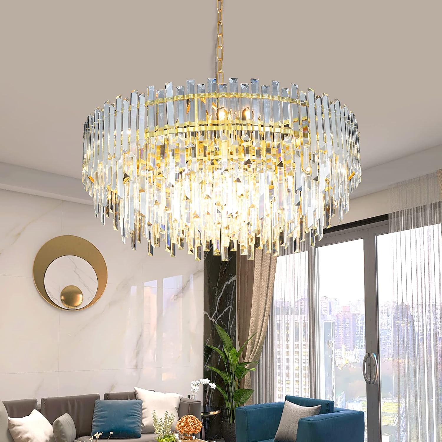 Meerosee Gold Copper Crystal Chandelier Lighting Foyer Entryway Ceiling Hanging Pendant Lamp