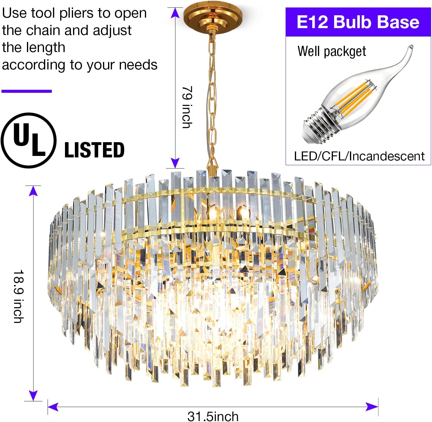 Meerosee Gold Copper Crystal Chandelier Lighting Foyer Entryway Ceiling Hanging Pendant Lamp