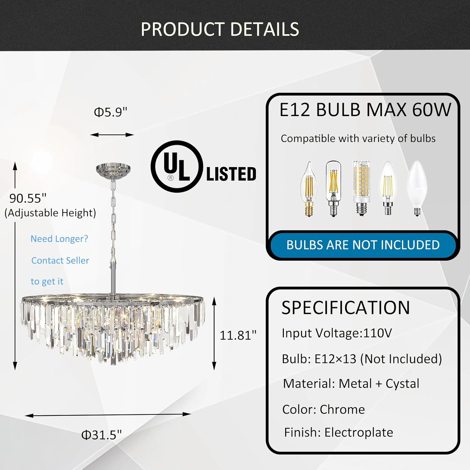 Modern Black Pendant Lamp Contemporary Gold 4/5/6/7-Tier k9 Crystal Chandelier Light