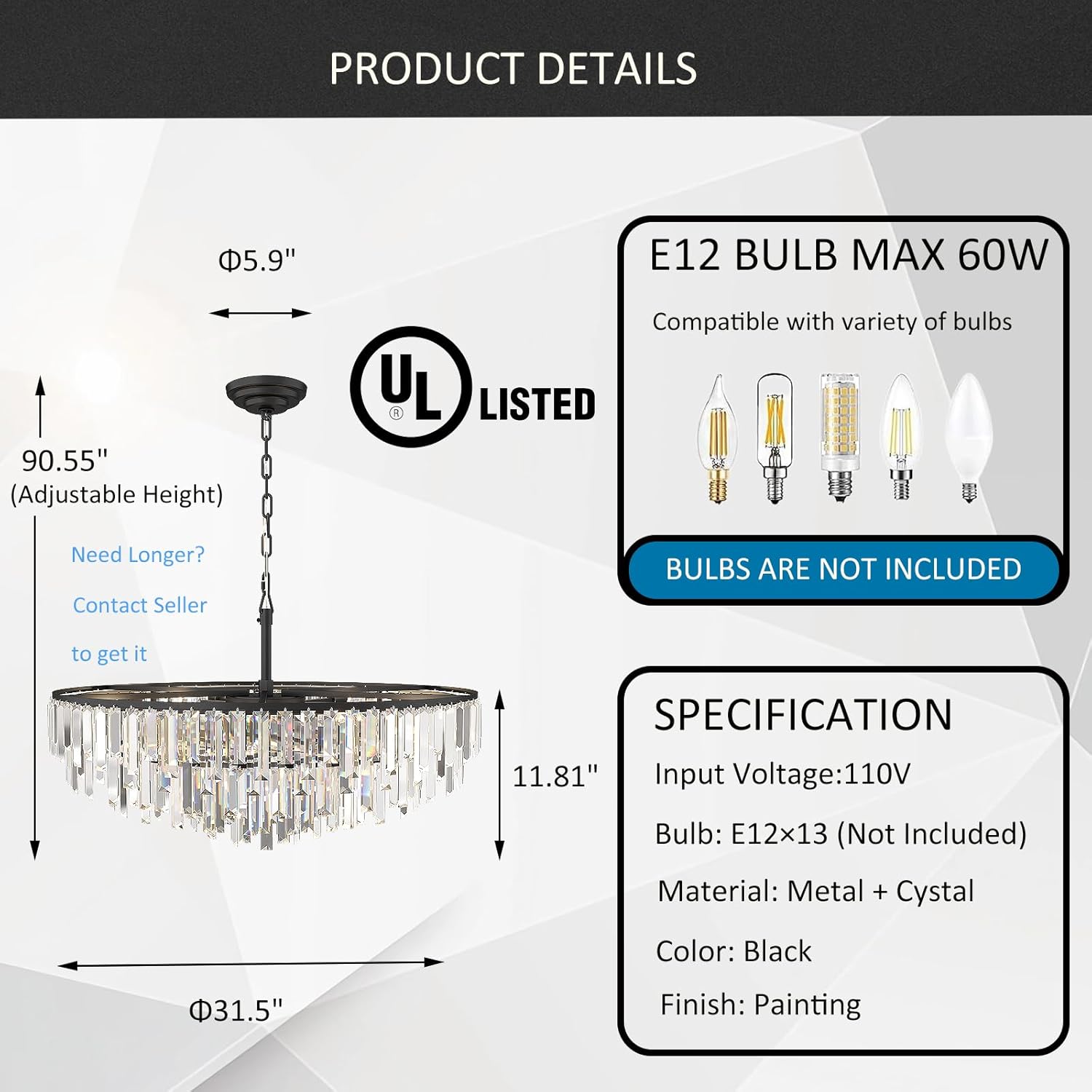 Modern Black Pendant Lamp Contemporary Gold 4/5/6/7-Tier k9 Crystal Chandelier Light