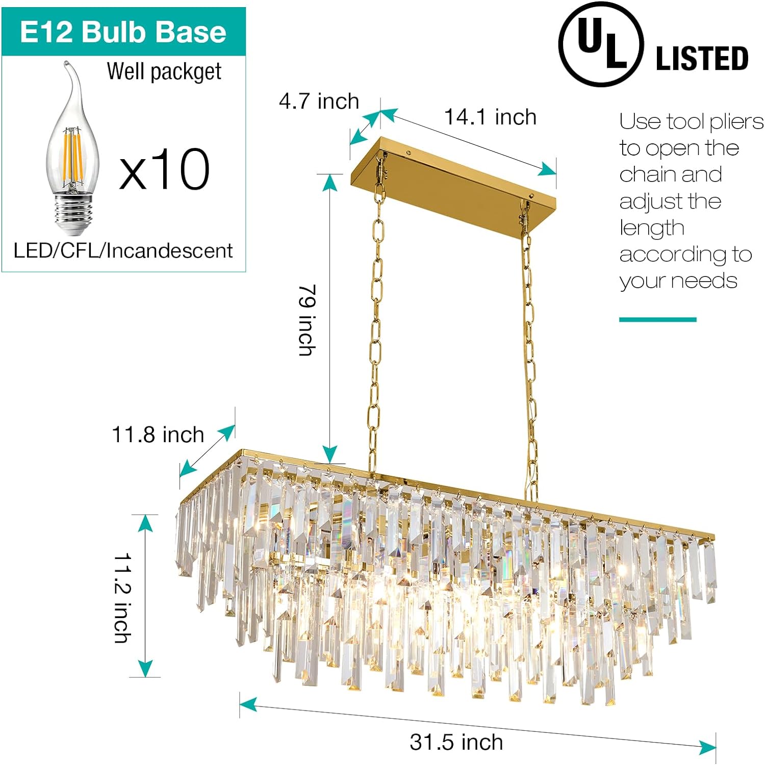 Meerosee contemporary Gold K9 Crystal Chandelier Modern Rectangular Pendant Light