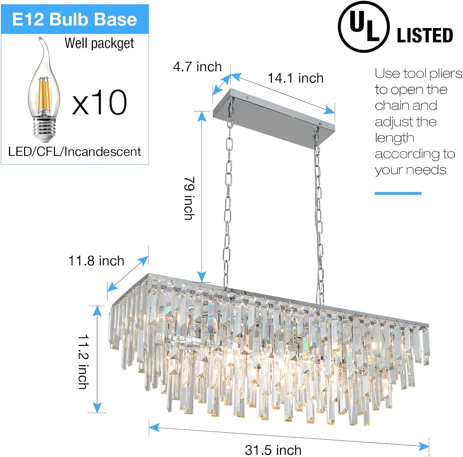 Meerosee Chrome K9 Crystal Chandelier Rectangle Modern Rectangular Pendant Lighting