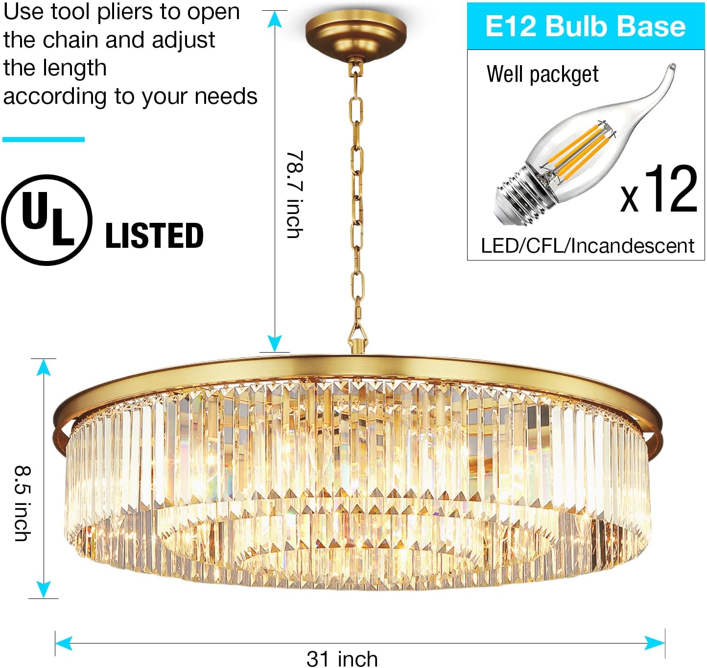 Copper Crystal Chandeliers Modern Contemporary Pendant Ceiling Lights Fixtures 3-Tier