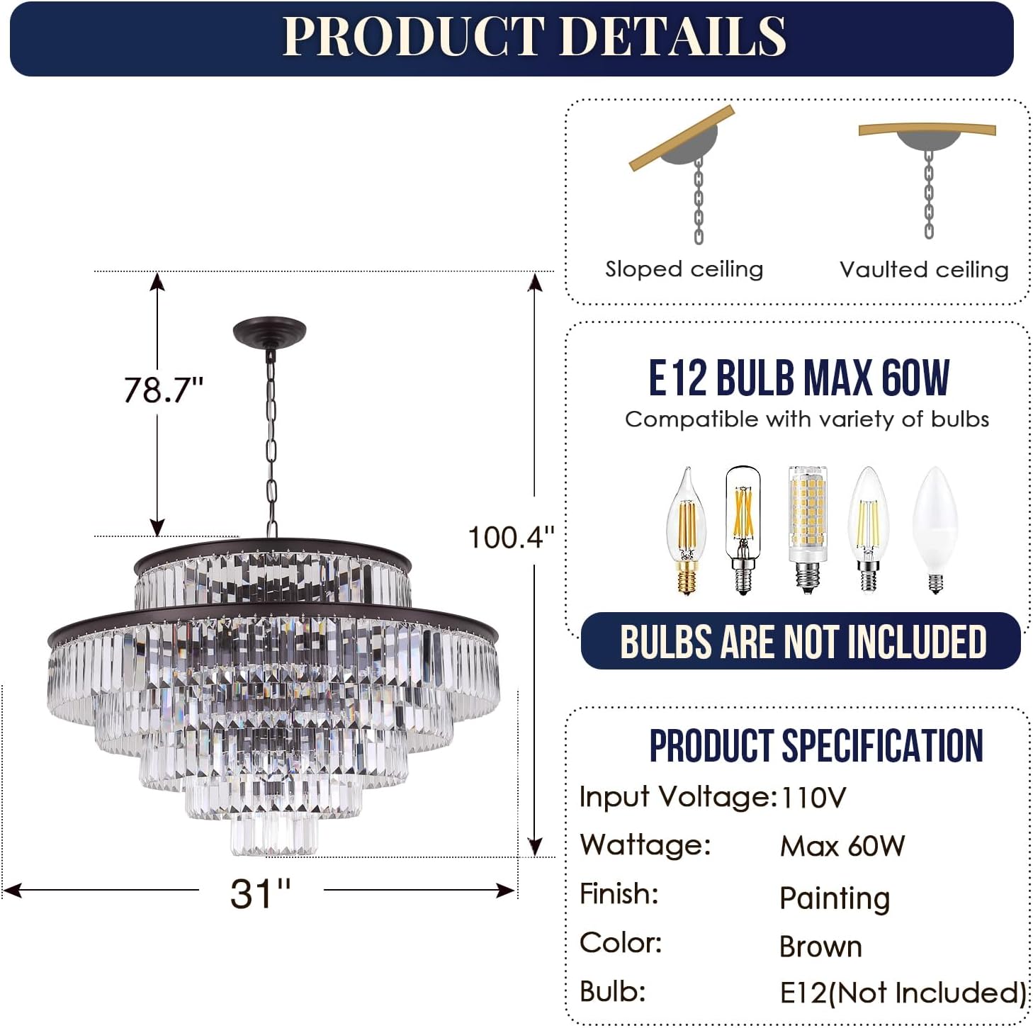 Meerosee Modern Crystal Chandeliers Black Round Pendant Ceiling Lamp