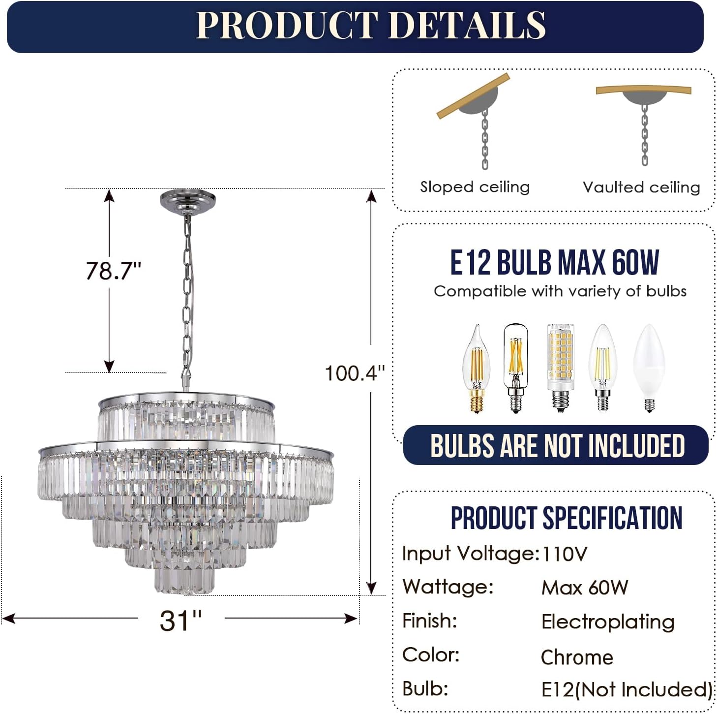 Meerosee Crystal Chandeliers Modern Style Chrome Round Ceiling Pendant Light