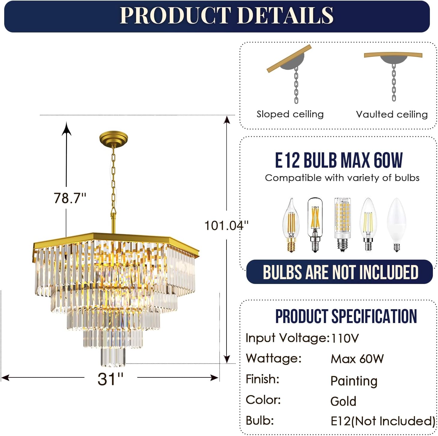 Meerosee Modern Crystal Pendant Lamp Gold K9 Pendant Lamp 23.6/31.5/39.4 inch