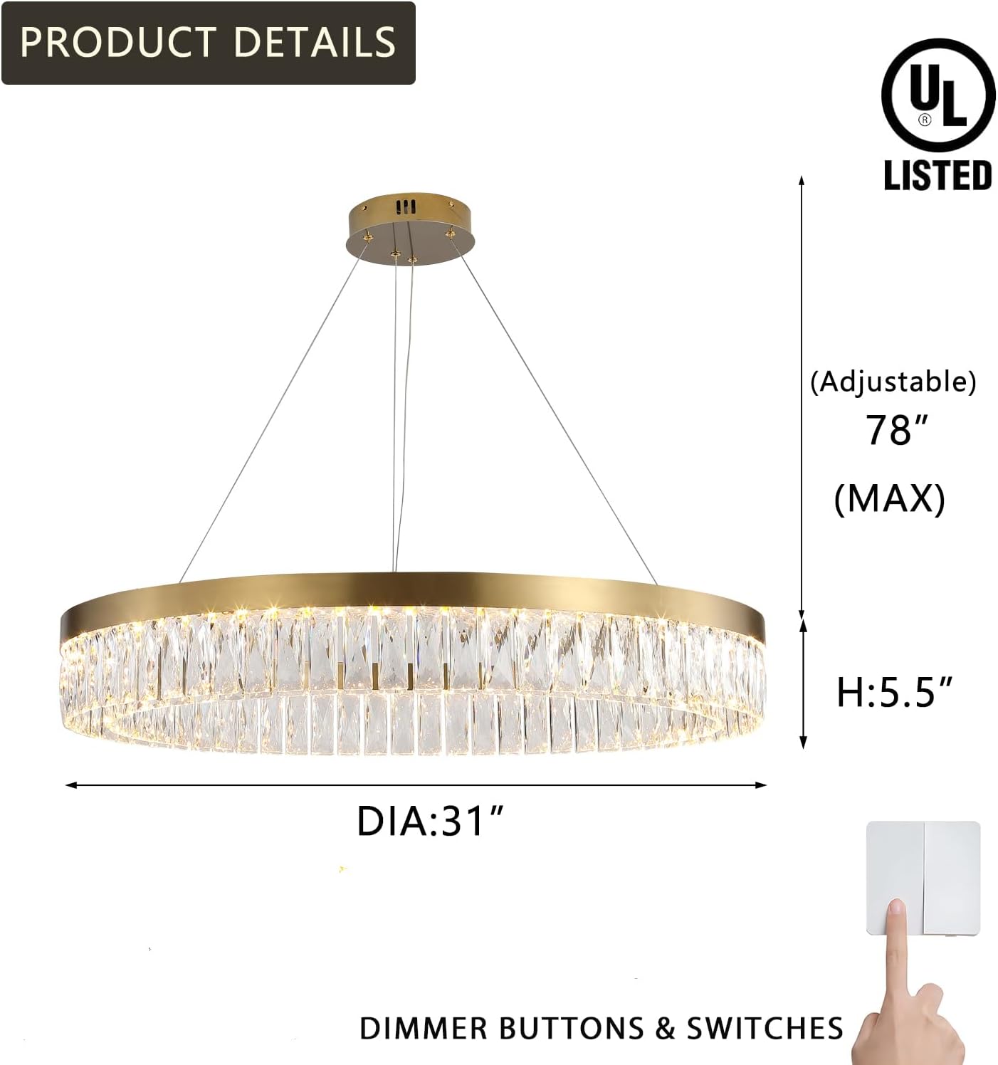 Meerosee Gold Chandelier Modern 1 Rind LED Crystal Pendant Lighting Dimmable Light