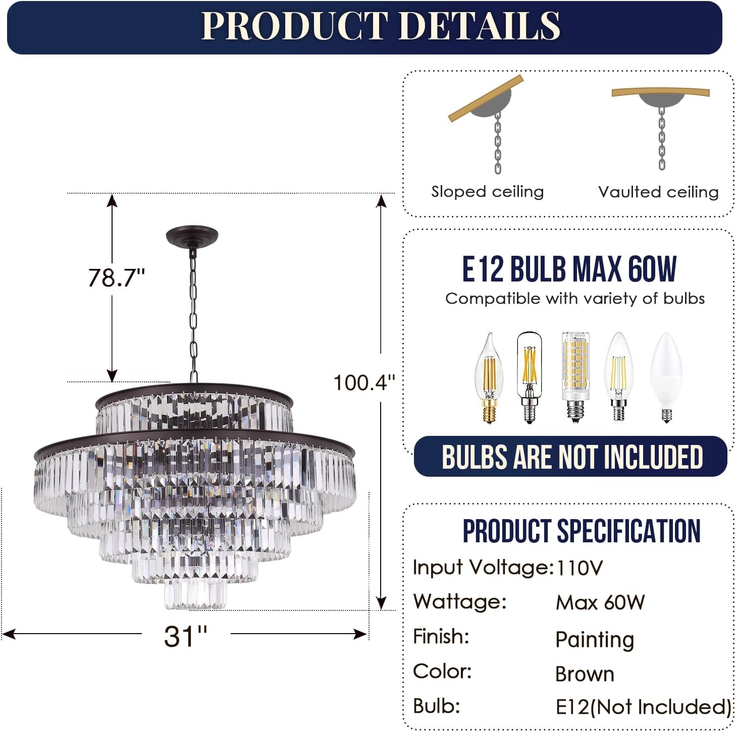 Meeroseer Modern Crystal Chandeliers Brown Pendant Ceiling Lighting Fixture