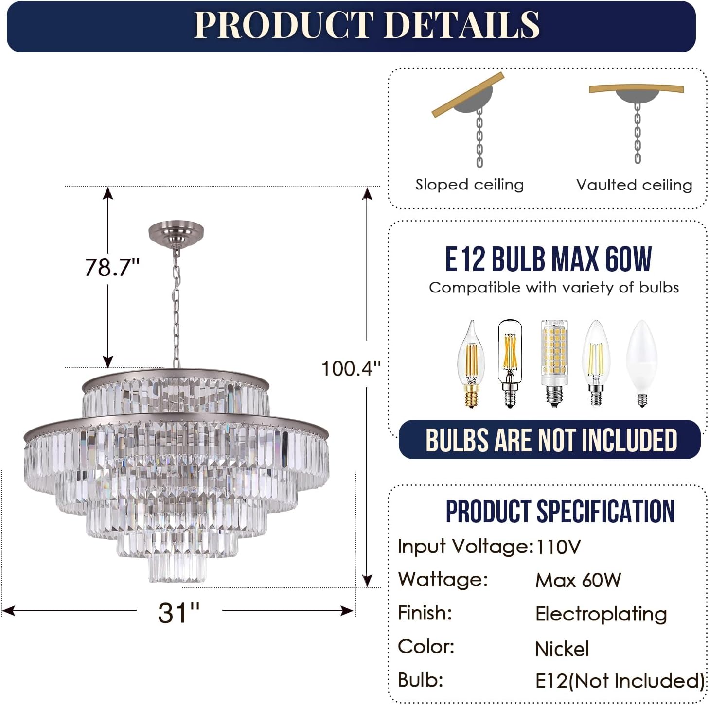 Meerosee Modern Crystal Chandeliers Nickel Pendant Ceiling Chandelier Lighting Fixture