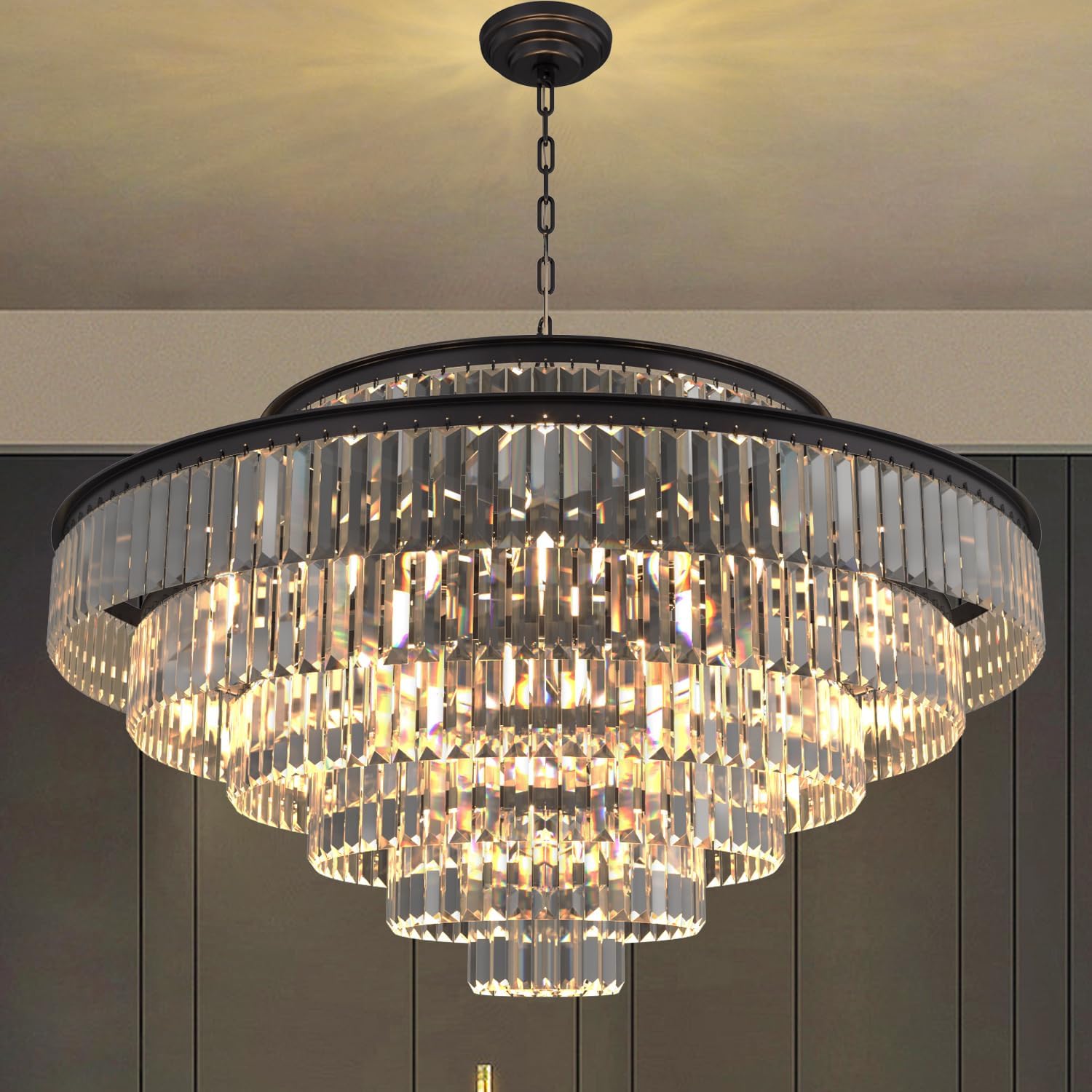 Meerosee Modern Crystal Chandeliers Black Round Pendant Ceiling Lamp