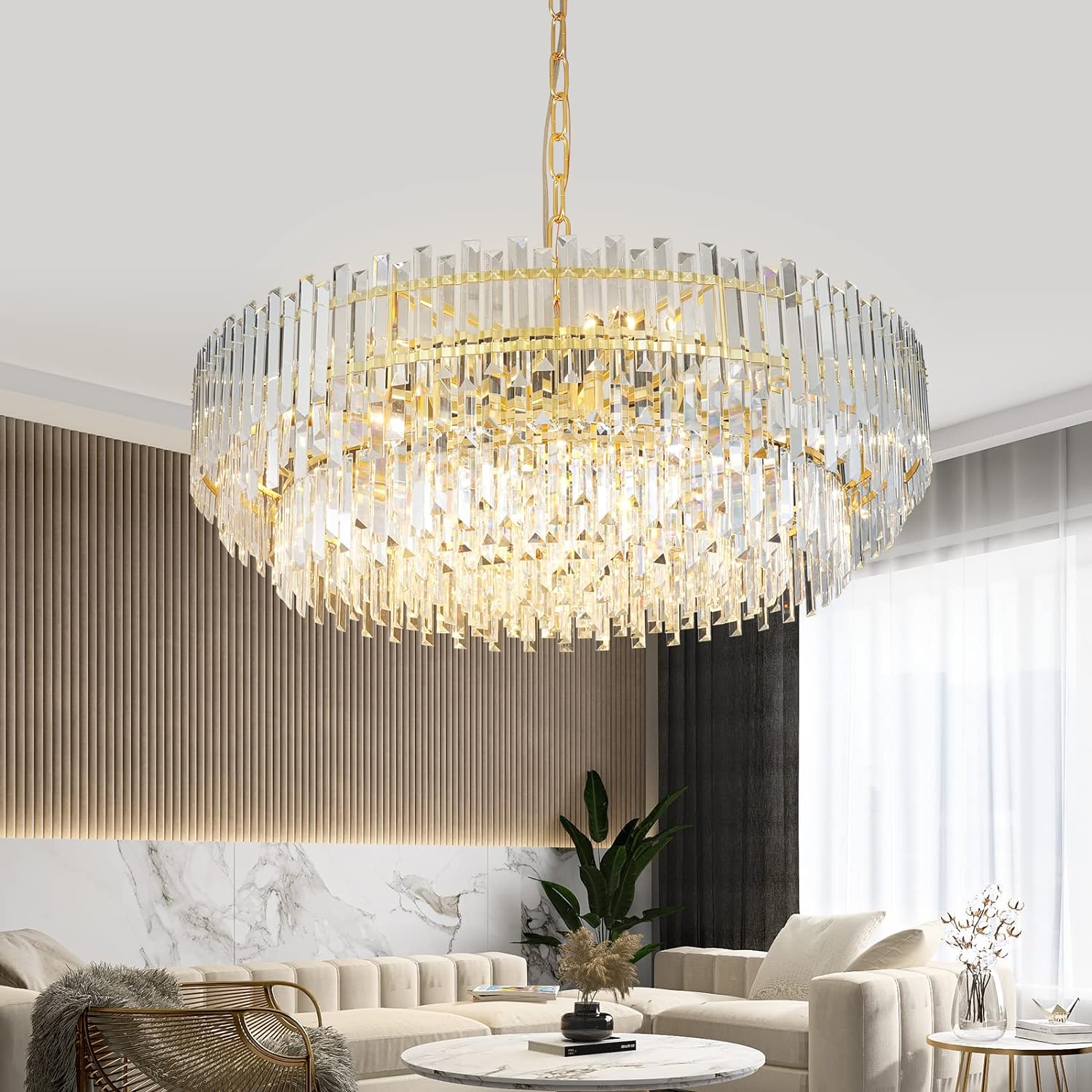 Meerosee Gold Copper Crystal Chandelier Lighting Foyer Entryway Ceiling Hanging Pendant Lamp