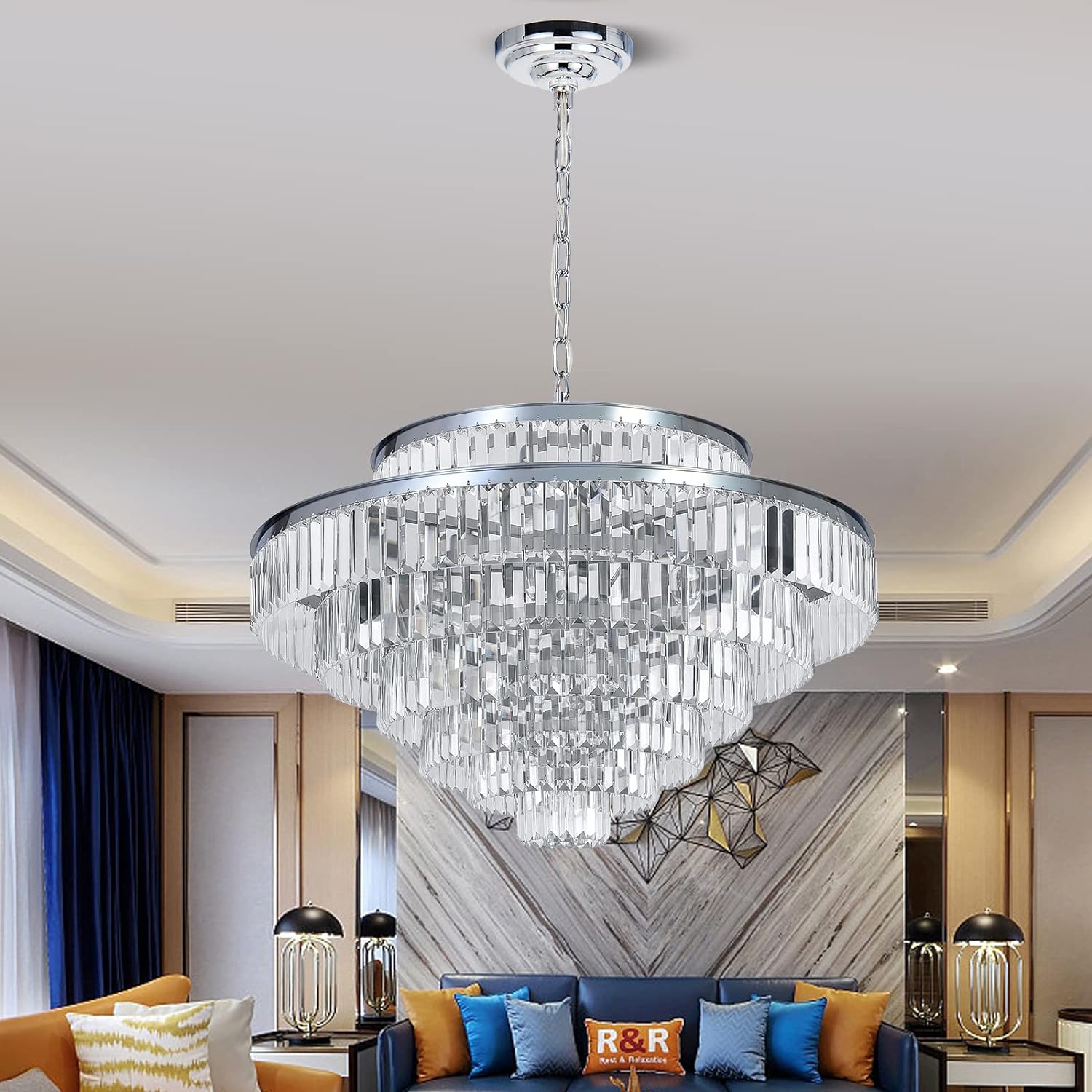 Meerosee Crystal Chandeliers Modern Style Chrome Round Ceiling Pendant Light