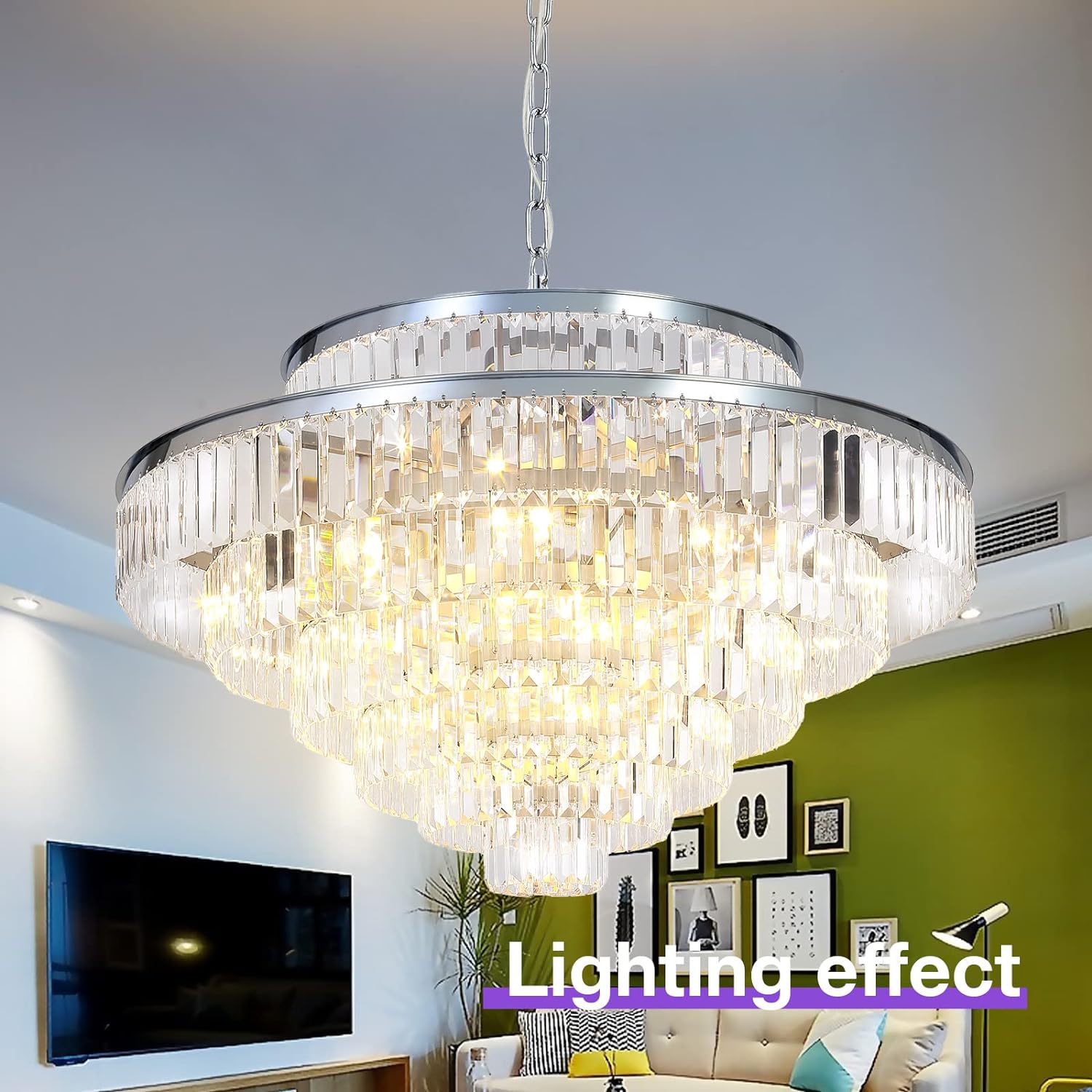 Meerosee Crystal Chandeliers Modern Style Chrome Round Ceiling Pendant Light