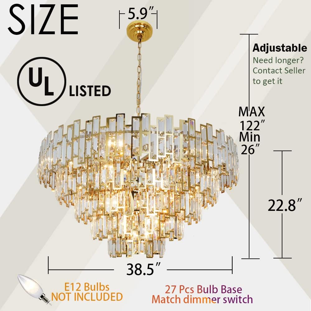 Gold Crystal Chandelier Lighting Modern Ceiling Hanging Pendant Lamp D17.7/24.4/38.5''