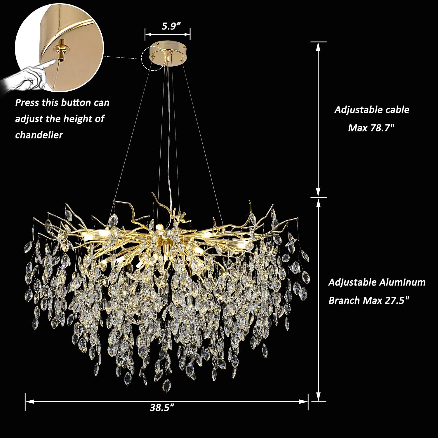 Meerosee Gold Crystal Chandelier Modern Pendant High Ceiling Luxury Foyer Entryway Lamp