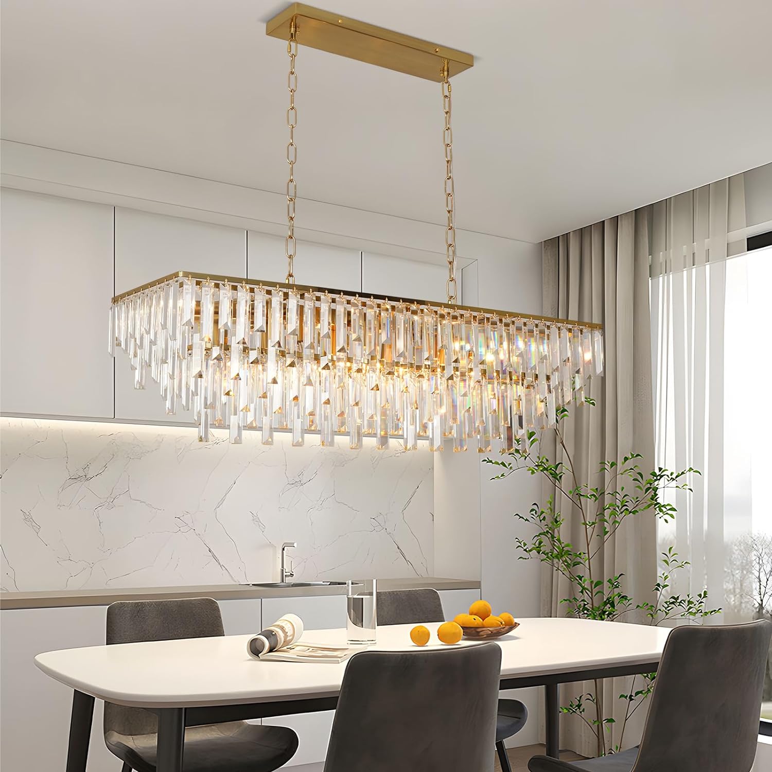 Meerosee contemporary Gold K9 Crystal Chandelier Modern Rectangular Pendant Light