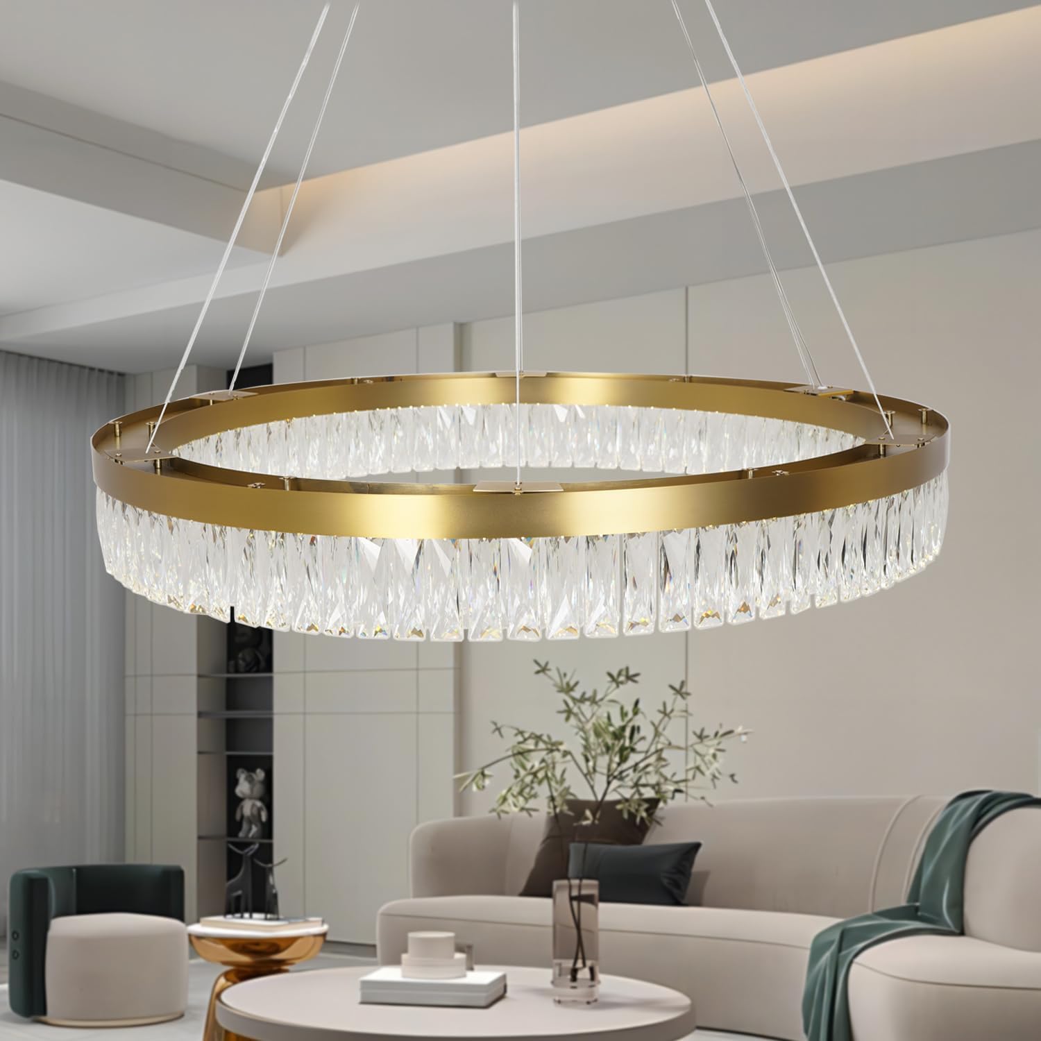 Meerosee Gold Chandelier Modern 1 Rind LED Crystal Pendant Lighting Dimmable Light