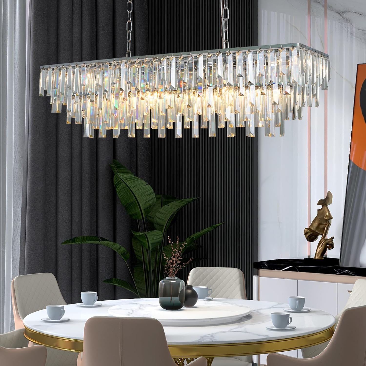 Meerosee Chrome K9 Crystal Chandelier Rectangle Modern Rectangular Pendant Lighting