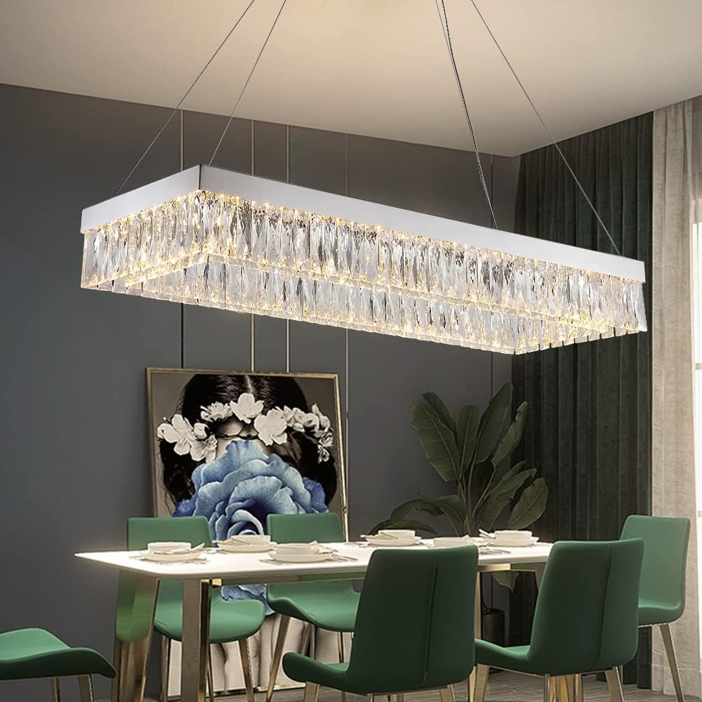 Modern LED Rectangula Crystal Chandelier Chrome Kitchen Island Ceiling Light