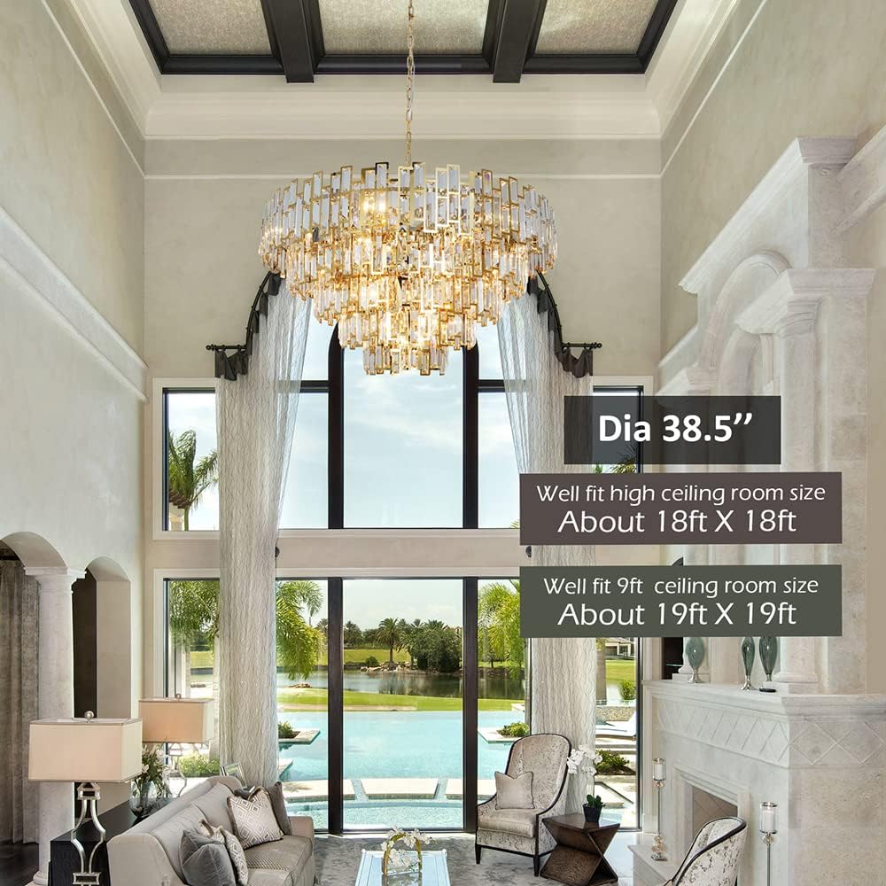 Gold Crystal Chandelier Lighting Modern Ceiling Hanging Pendant Lamp D17.7/24.4/38.5''