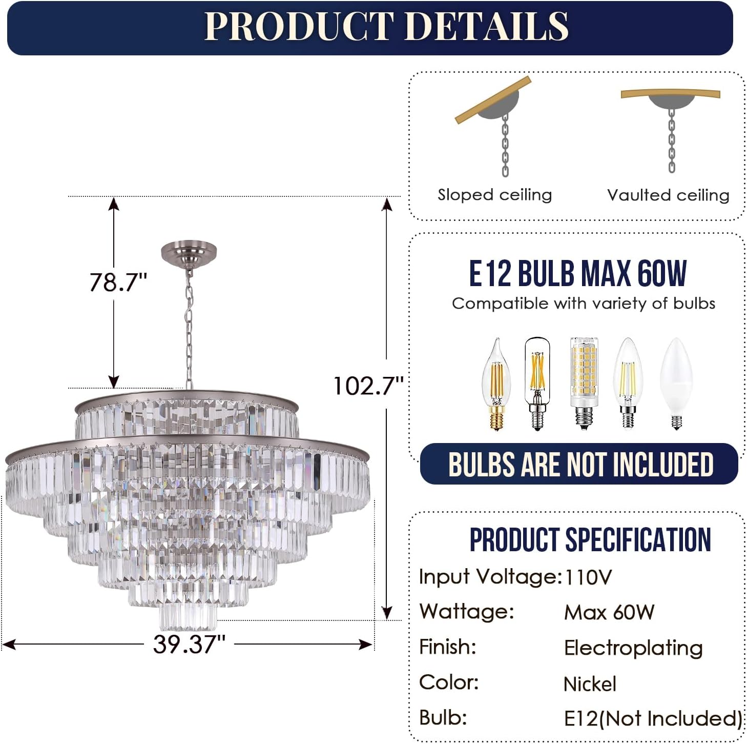 Meerosee Modern Crystal Chandeliers Nickel Pendant Ceiling Chandelier Lighting Fixture