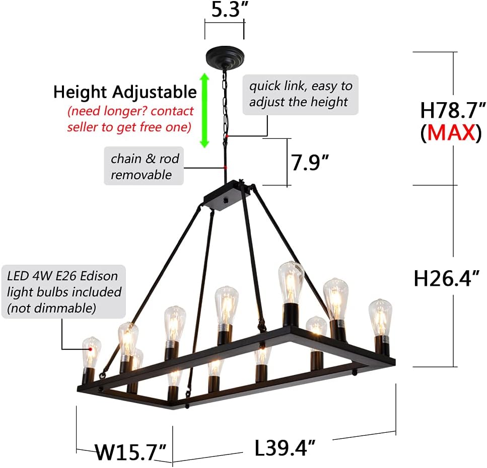 Rectangle Vintage Chandelier Kitchen Island Rustic Pendant Farmhouse Antique Industrial Ceiling Light