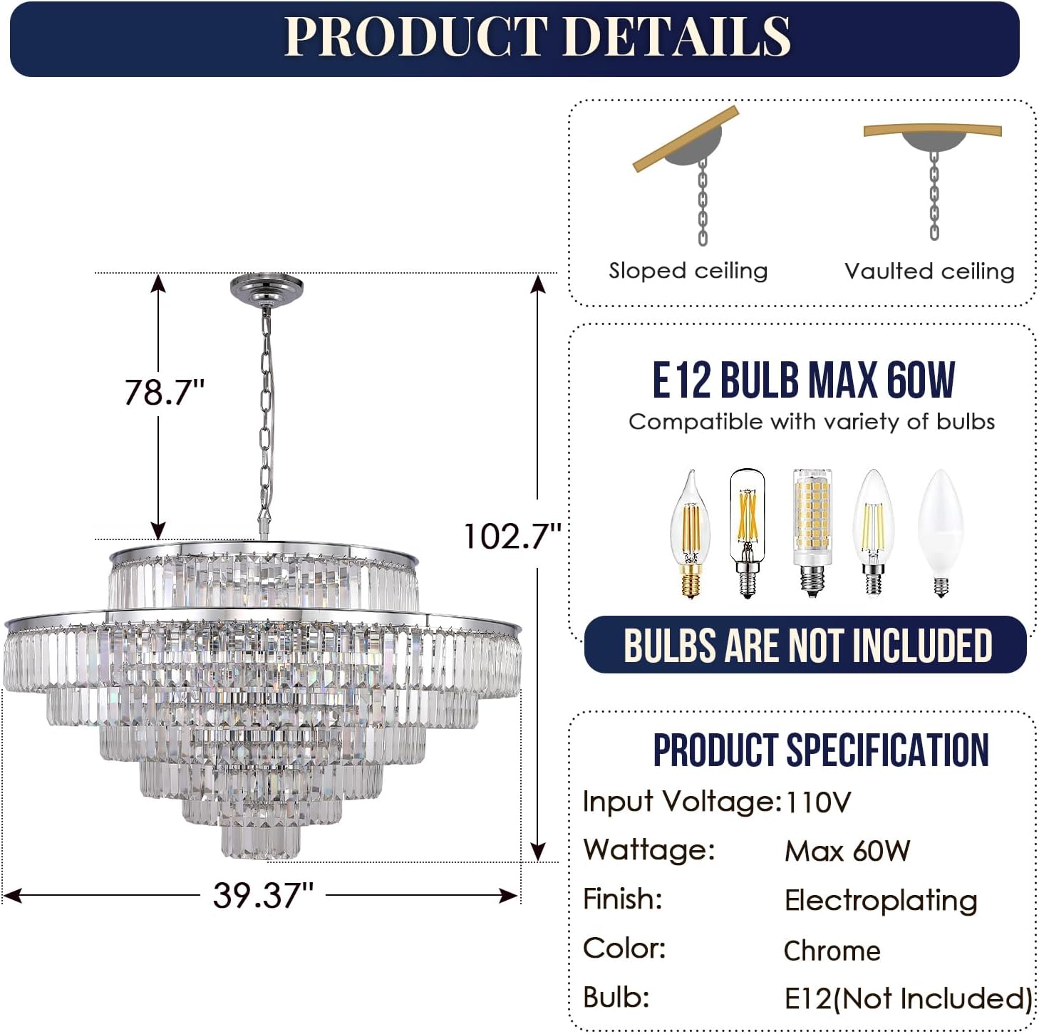 Meerosee Crystal Chandeliers Modern Style Chrome Round Ceiling Pendant Light